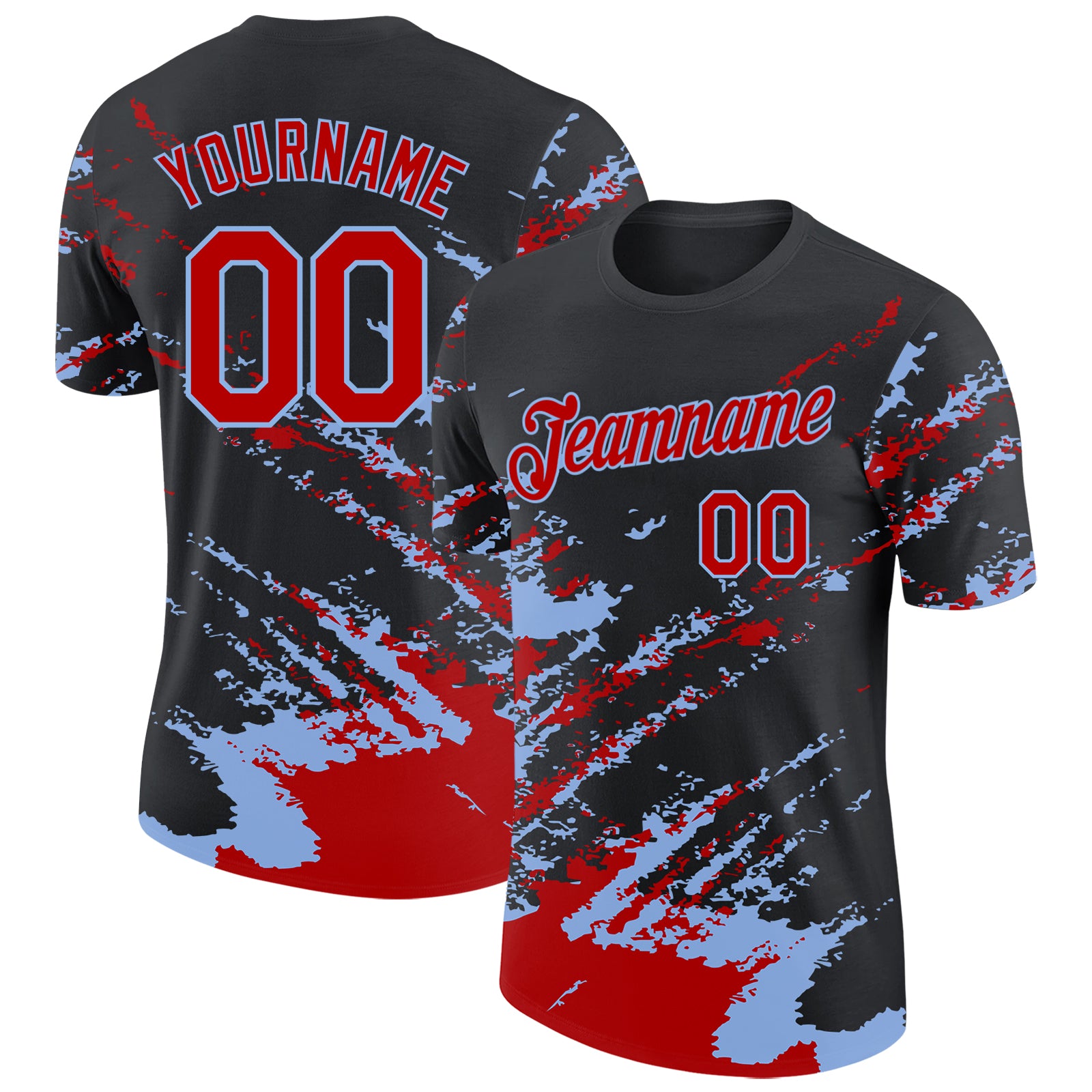 Custom Black Red-Light Blue Brush Stroke Shatter Splatter Performance T-Shirt