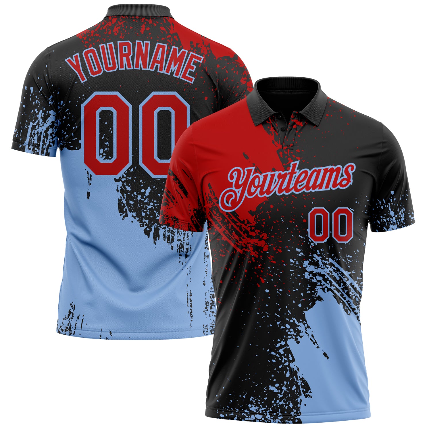 Custom Black Red-Light Blue Distressed Scratch Brush Stroke Performance Polo Shirt