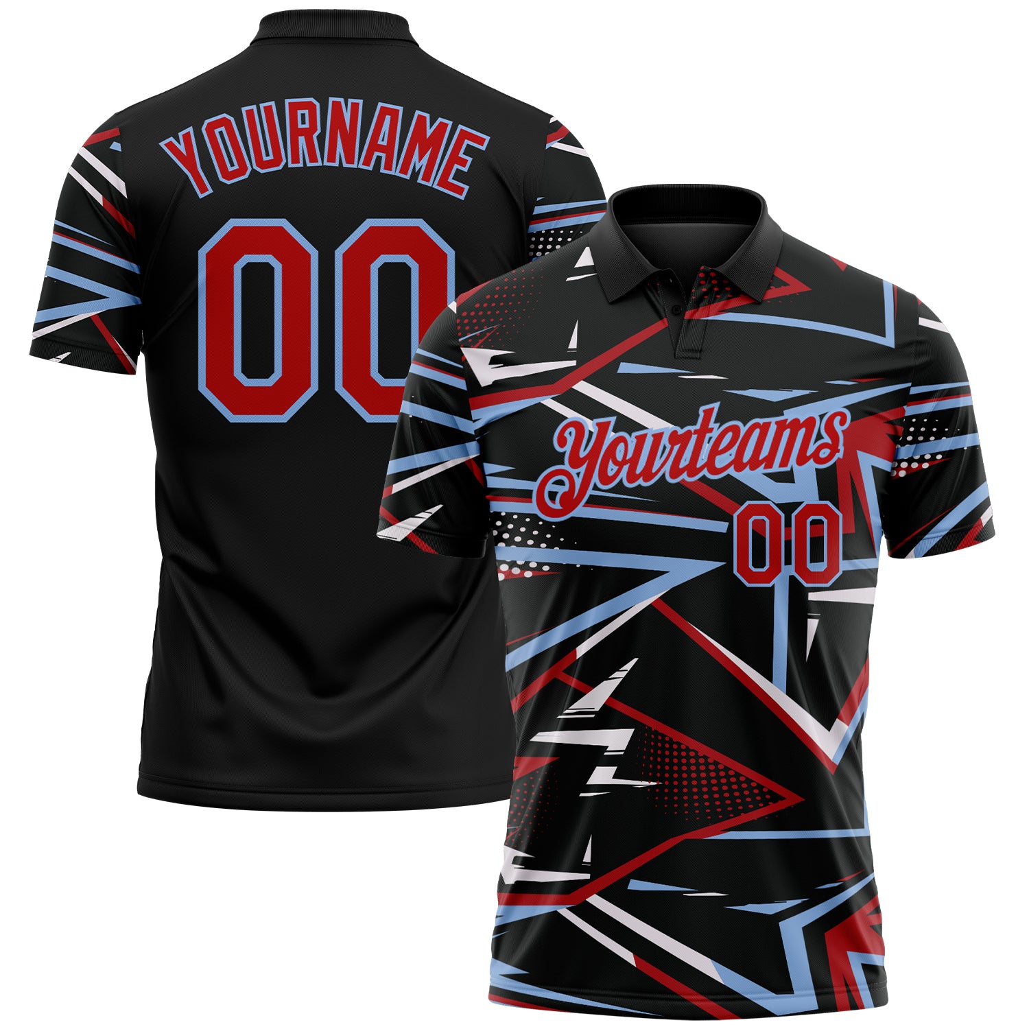Custom Black Red-Light Blue Dynamic Geometric Shard Performance Polo Shirt