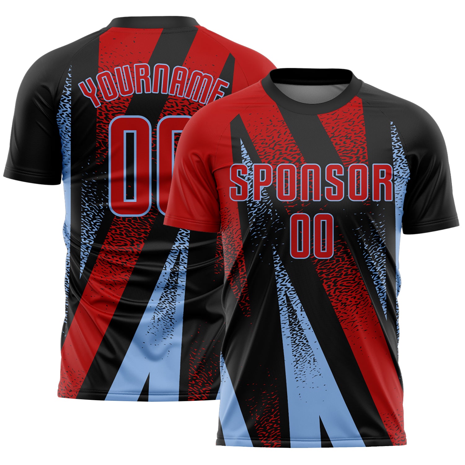Custom Black Red-Light Blue Radial Burst Sports Sublimation Soccer Uniform Jersey