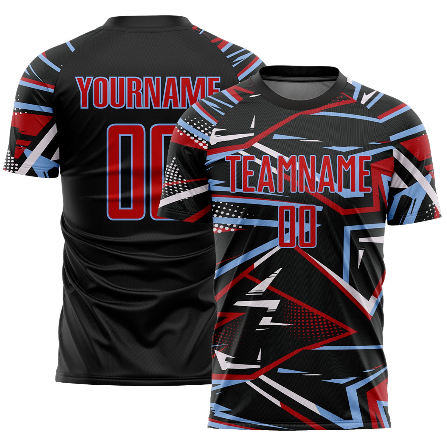 Custom Black Red Light Blue-White Abstract Geometric Stripes Sports Sublimation Soccer Uniform Jersey