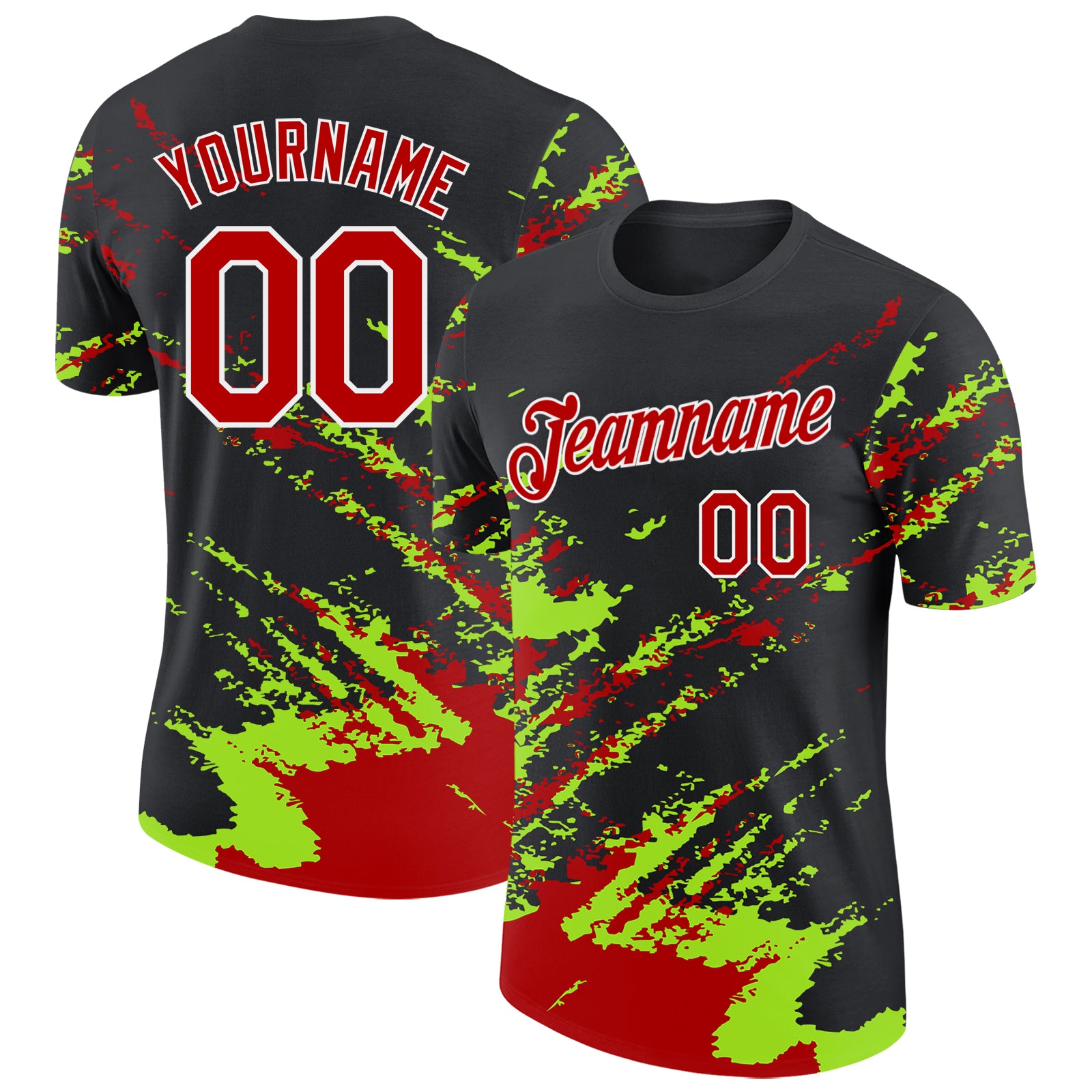 Custom Black Red Neon Green-White Brush Stroke Shatter Splatter Performance T-Shirt
