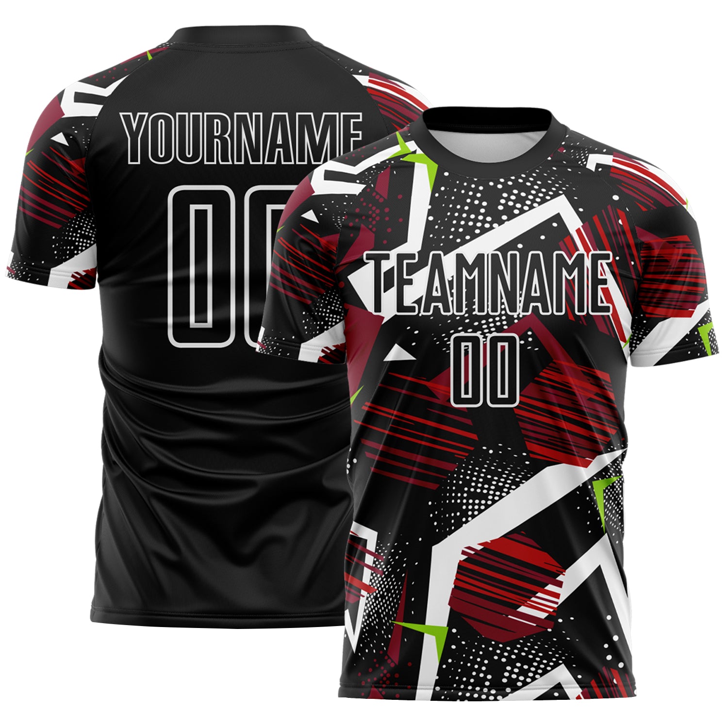 Custom Black Red Neon Green-White Geometric Asymmetry Shatter Sublimation Soccer Uniform Jersey