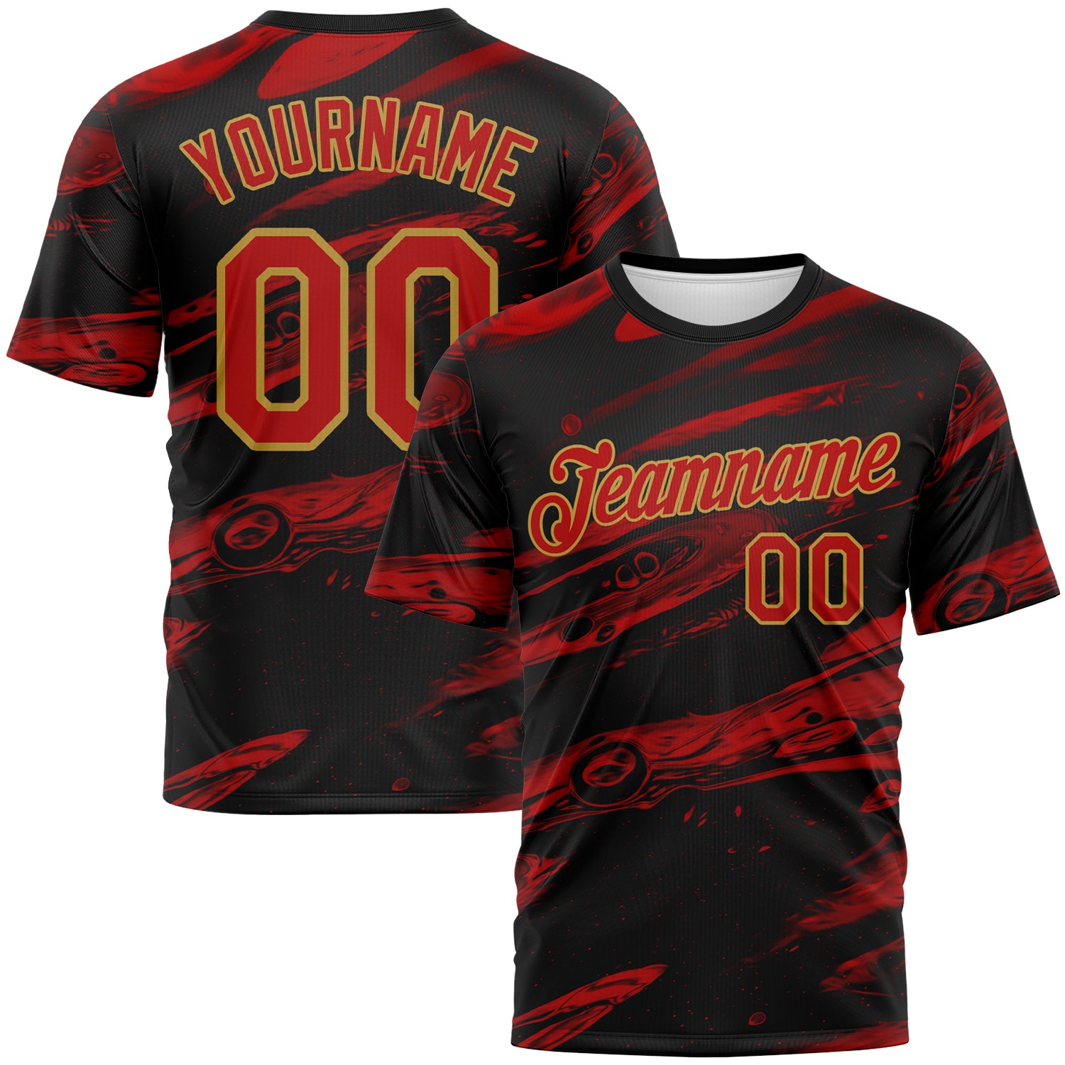 Custom Black Red-Old Gold 3D Pattern Lava Splash Ink Wash Performance T-Shirt