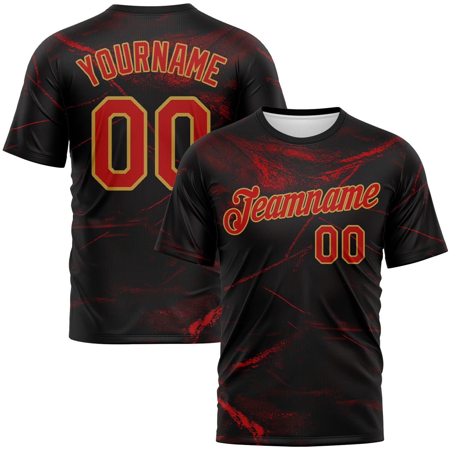 Custom Black Red-Old Gold 3D Pattern Marble Texture Performance T-Shirt