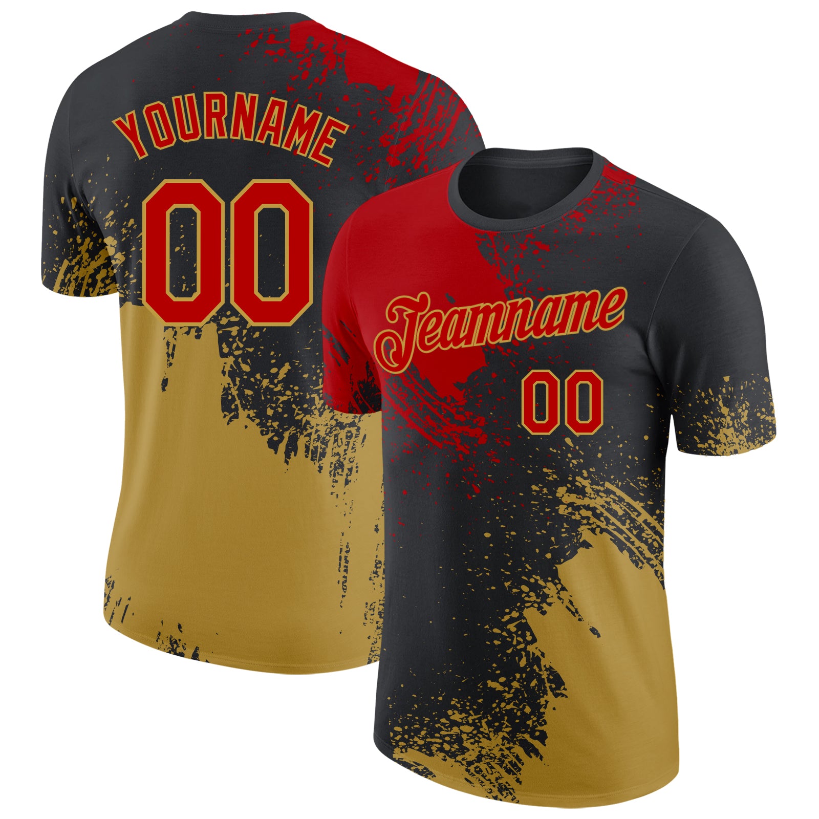 Custom Black Red-Old Gold Abstract Brush Stroke Performance T-Shirt