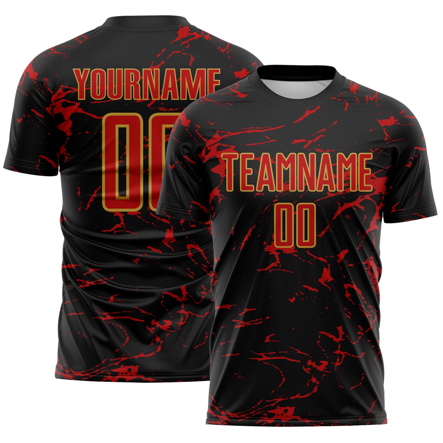 Custom Black Red-Old Gold Abstract Fluid Marble Sublimation Soccer Uniform Jersey