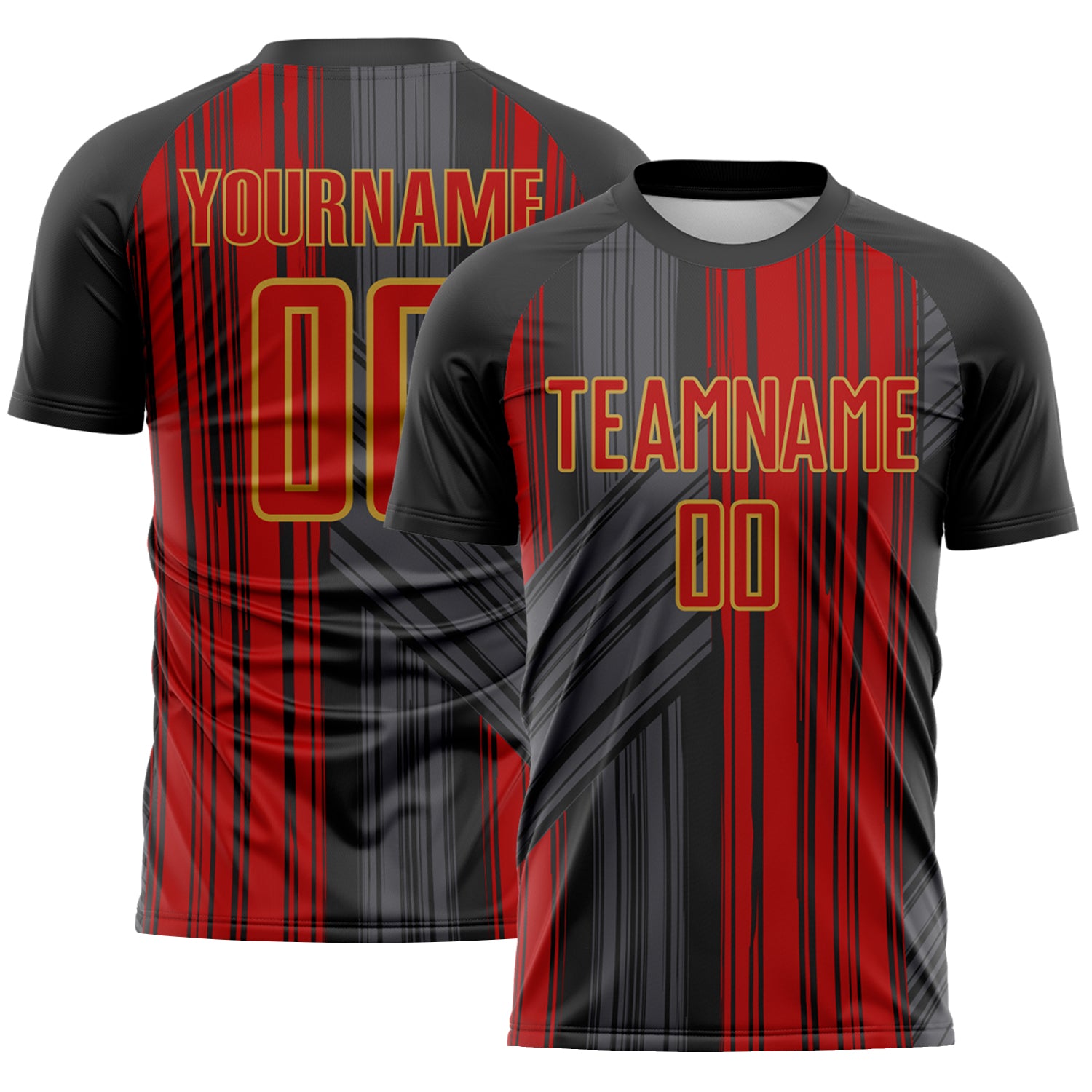 Custom Black Red-Old Gold Brush Stroke Fluid Stripes Sublimation Soccer Uniform Jersey