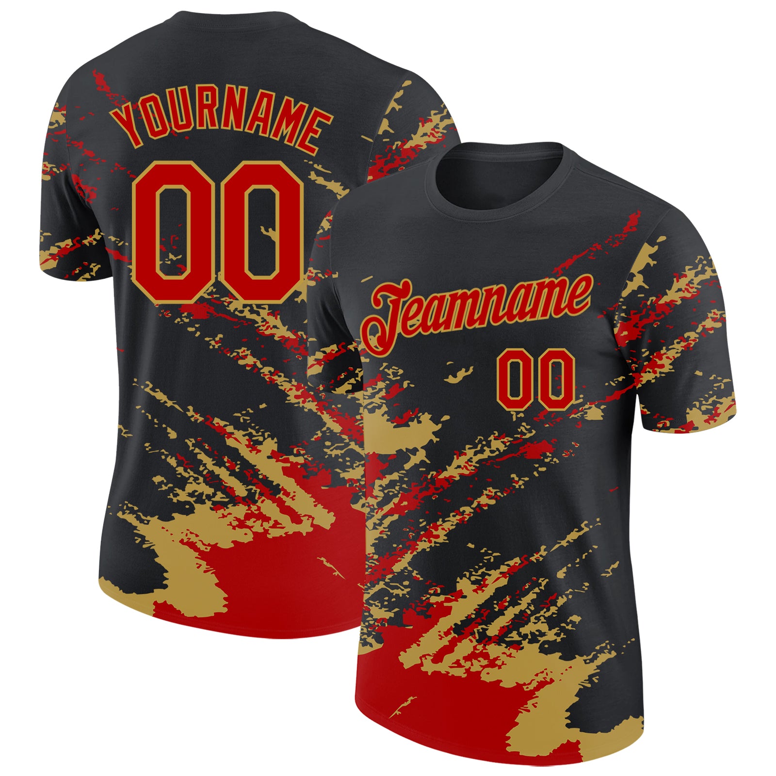 Custom Black Red-Old Gold Brush Stroke Shatter Splatter Performance T-Shirt