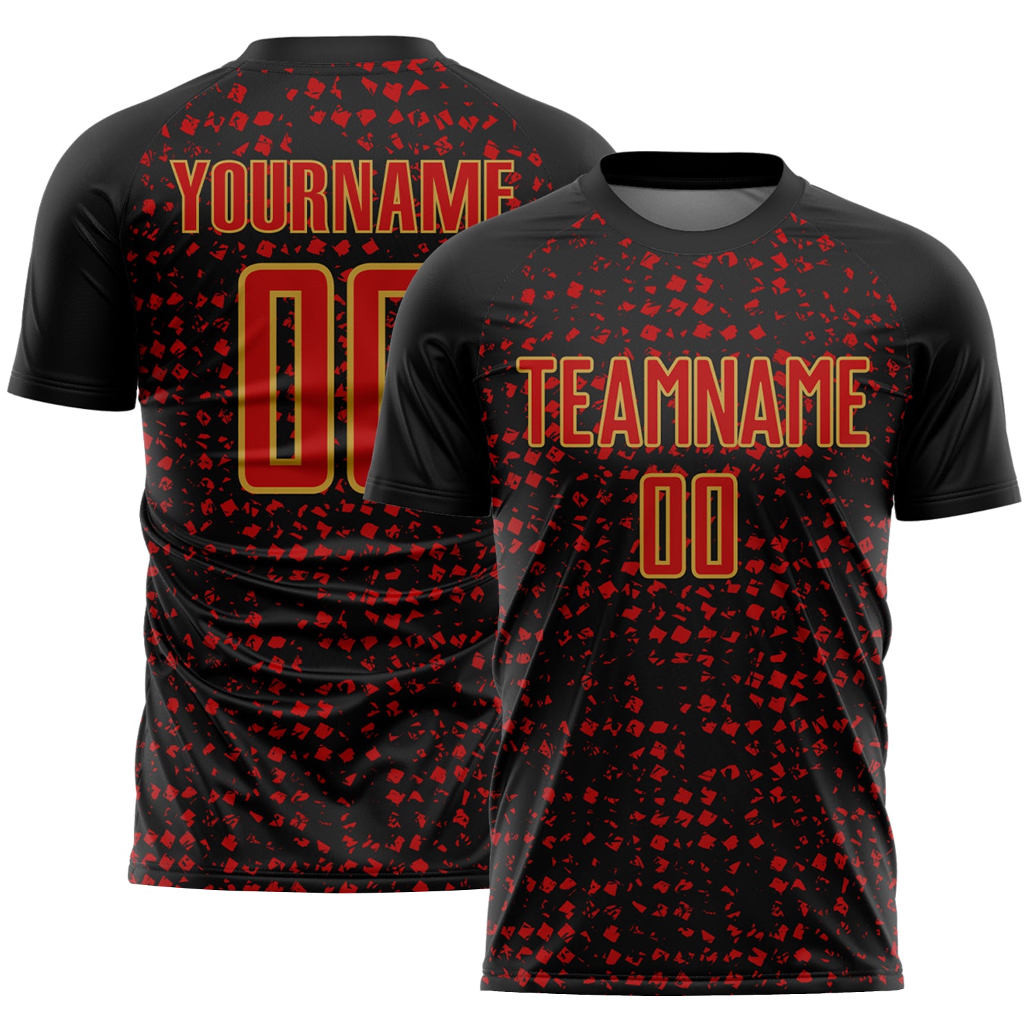 Custom Black Red-Old Gold Digital Geometric Fragment Speckles Sublimation Soccer Uniform Jersey