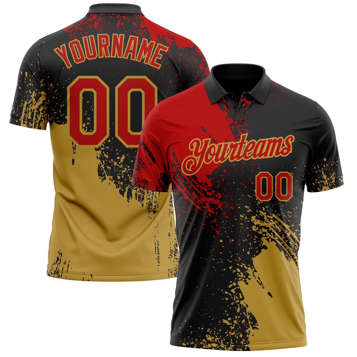 Custom Black Red-Old Gold Distressed Scratch Brush Stroke Performance Polo Shirt