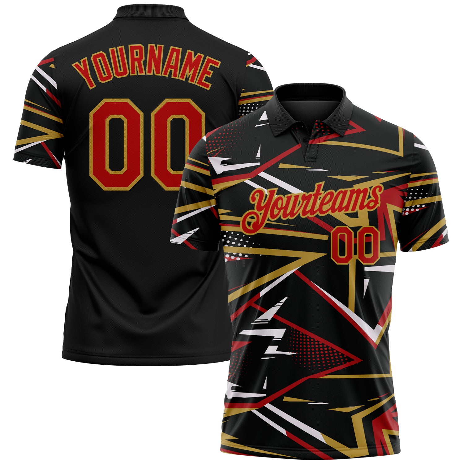 Custom Black Red-Old Gold Dynamic Geometric Shard Performance Polo Shirt