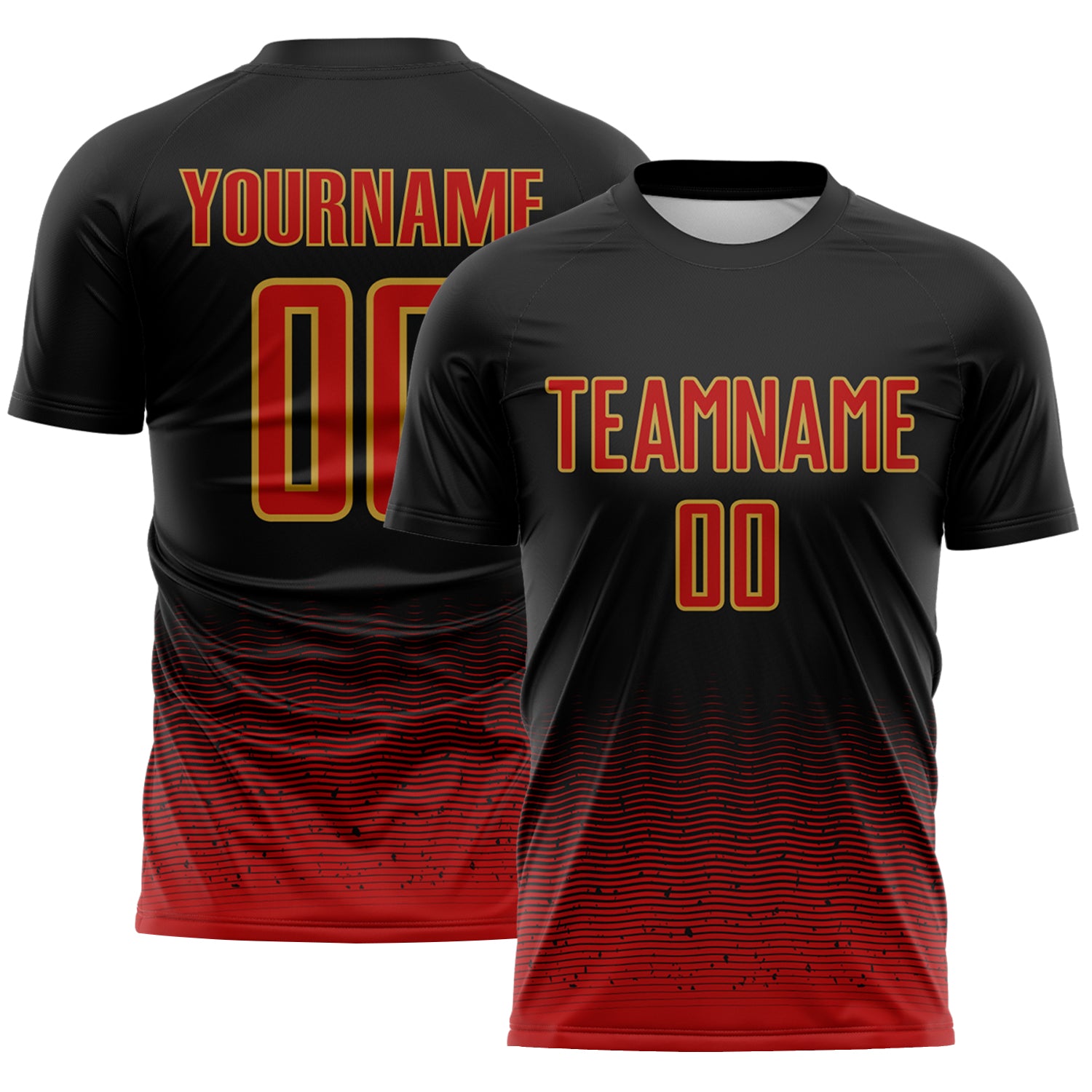 Custom Black Red-Old Gold Fade Wave Lines Splatter Sublimation Soccer Uniform Jersey