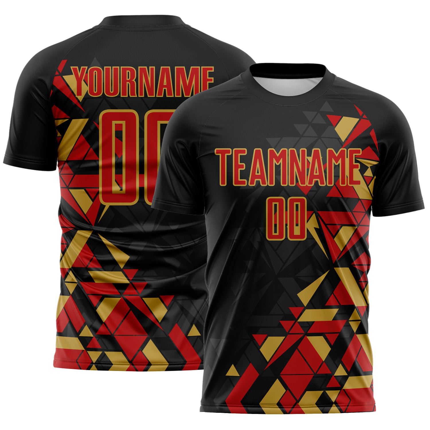 Custom Black Red-Old Gold Geometric Grid Gradient Sublimation Soccer Uniform Jersey
