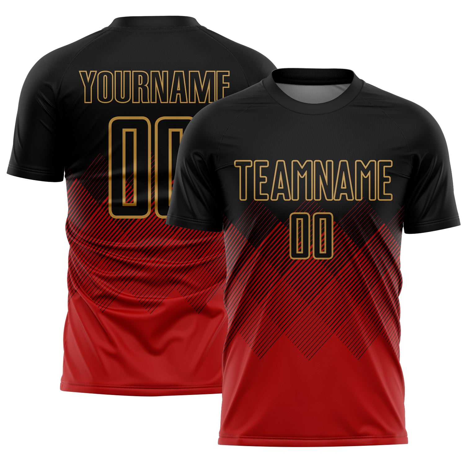 Custom Black Red-Old Gold Gradient Diamond Diagonal Lines Sports Sublimation Soccer Uniform Jersey