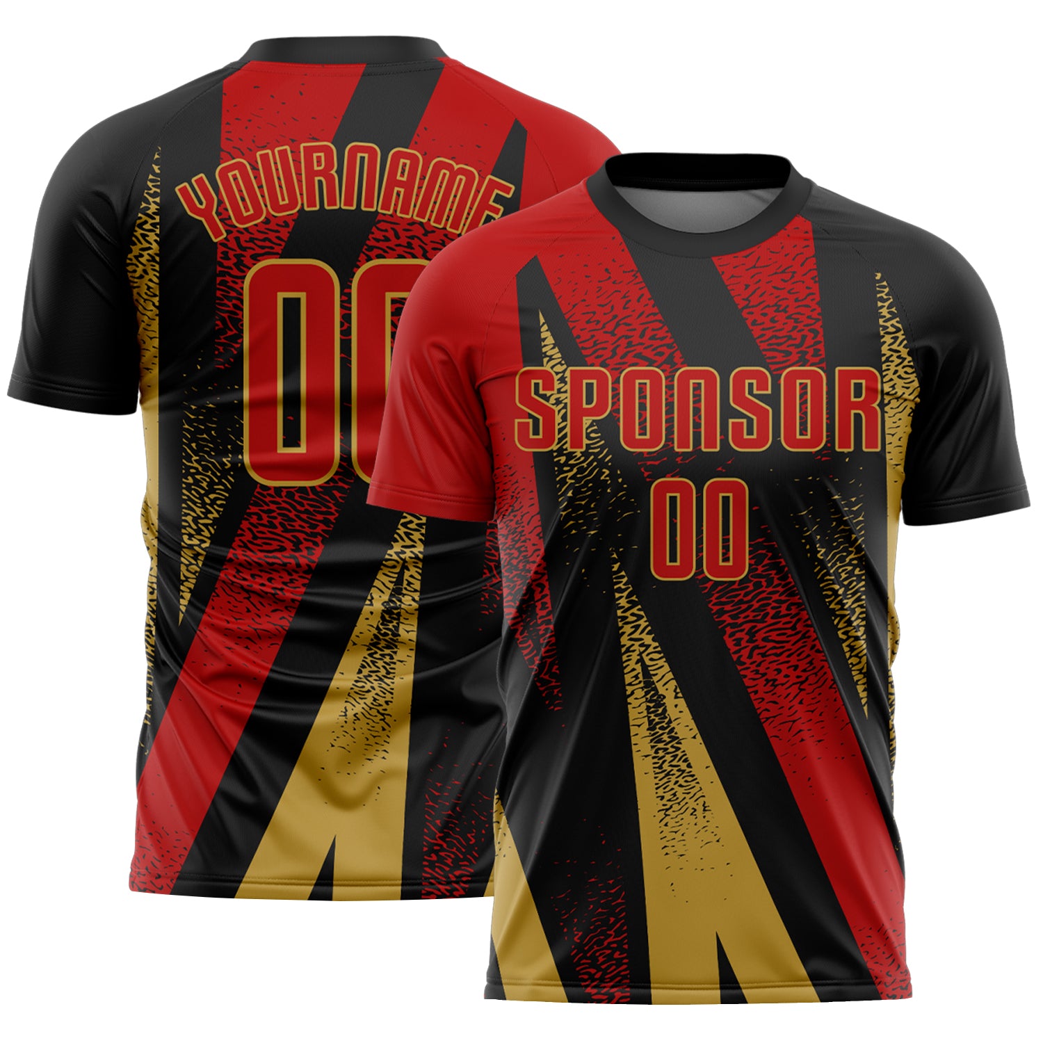 Custom Black Red-Old Gold Radial Burst Sports Sublimation Soccer Uniform Jersey