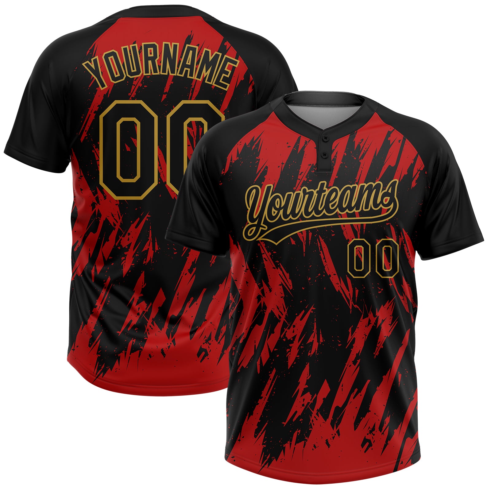 Custom Black Red-Old Gold Splatter Torn Sharp Brush Stroke Two-Button Unisex Softball Jersey