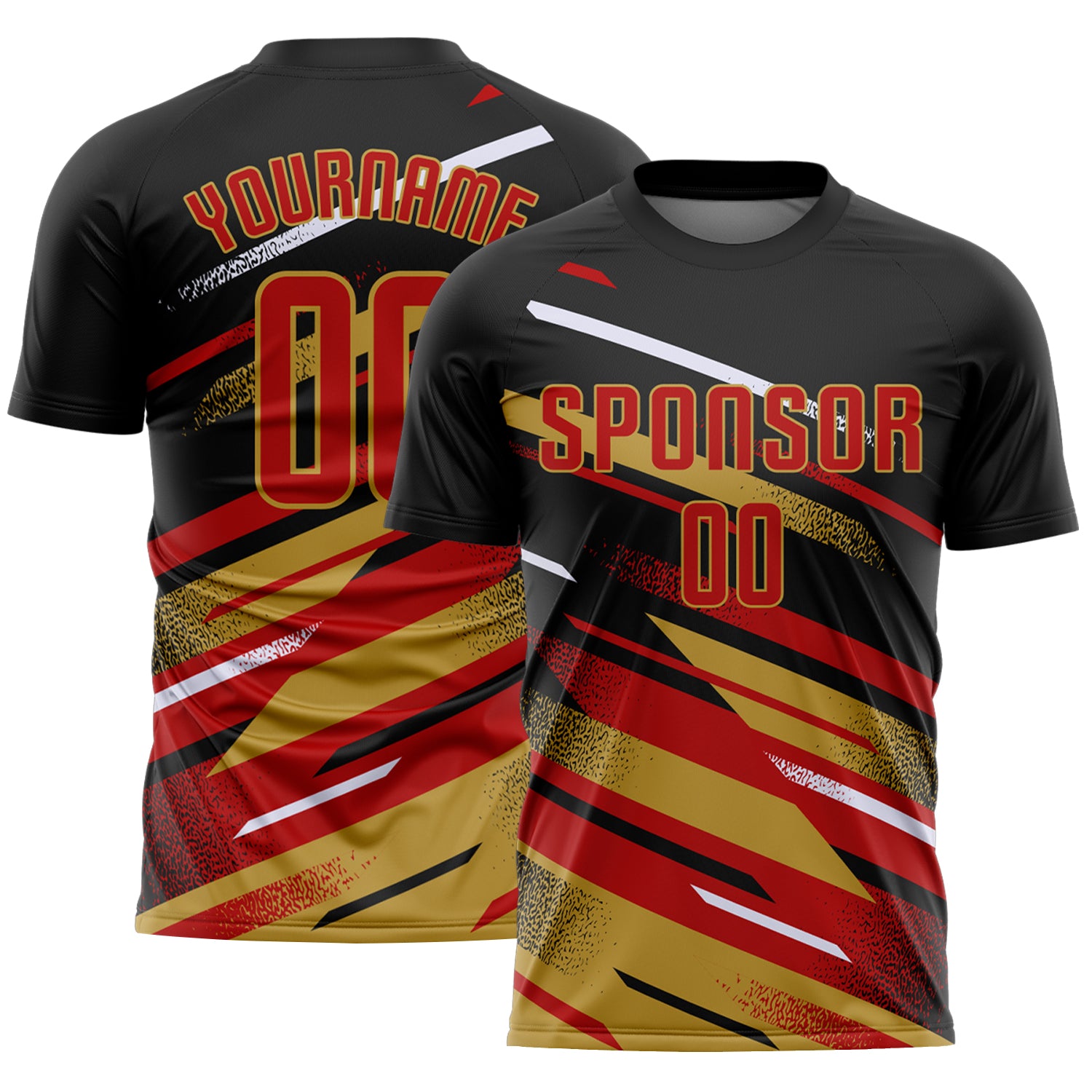 Custom Black Red Old Gold-White Grunge Stripe And Grainy Sports Sublimation Soccer Uniform Jersey