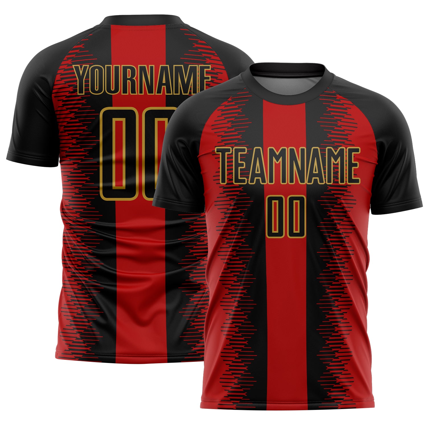 Custom Black Red-Old Gold Zigzag Diamond Stripe Sports Sublimation Soccer Uniform Jersey