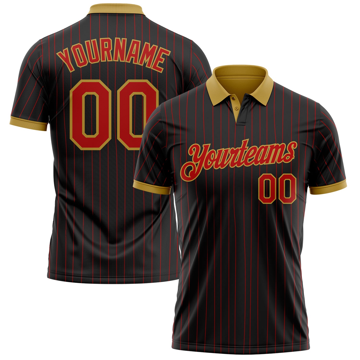 Custom Black Red Pinstripe-Old Gold Performance Polo Shirt