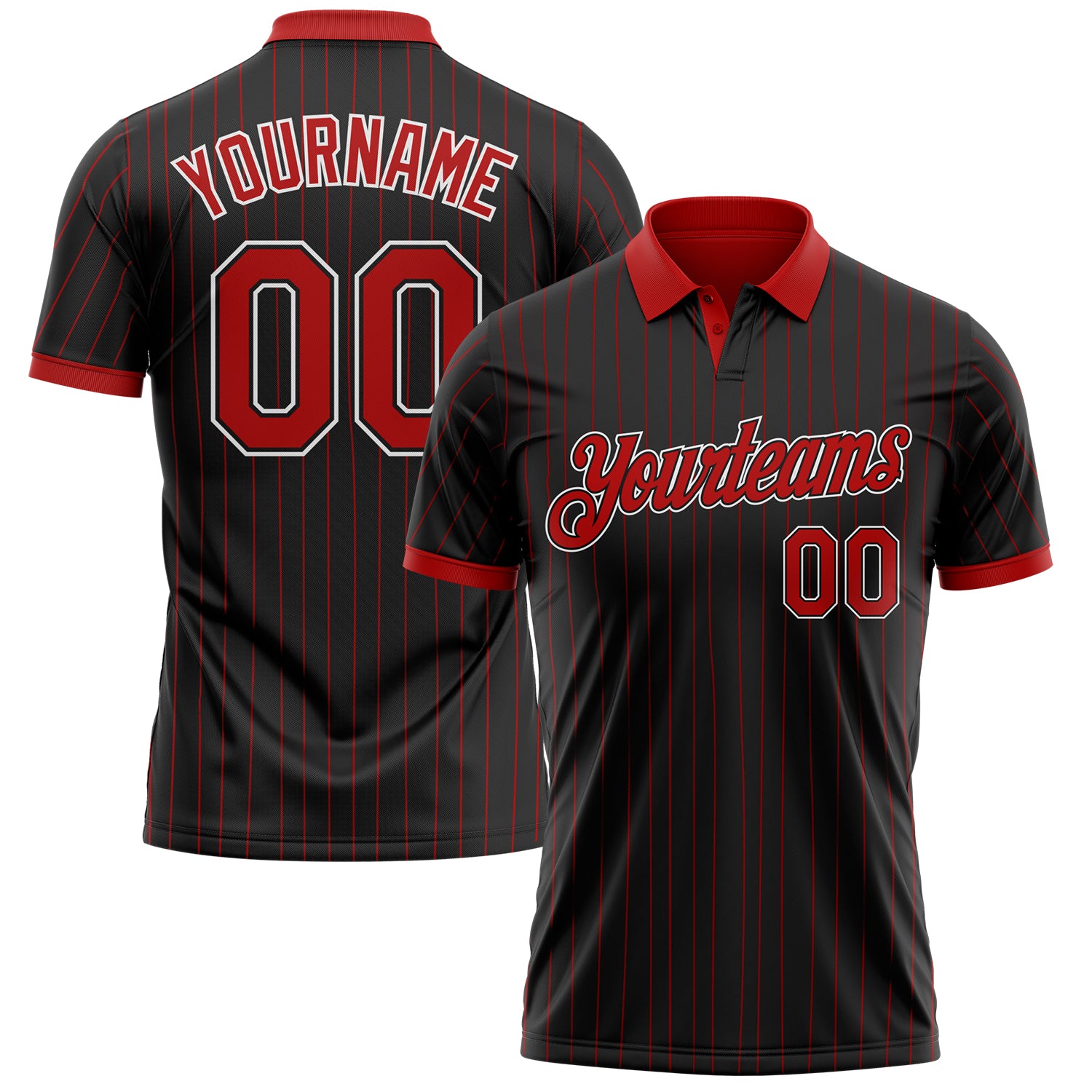 Custom Black Red Pinstripe-White Performance Polo Shirt