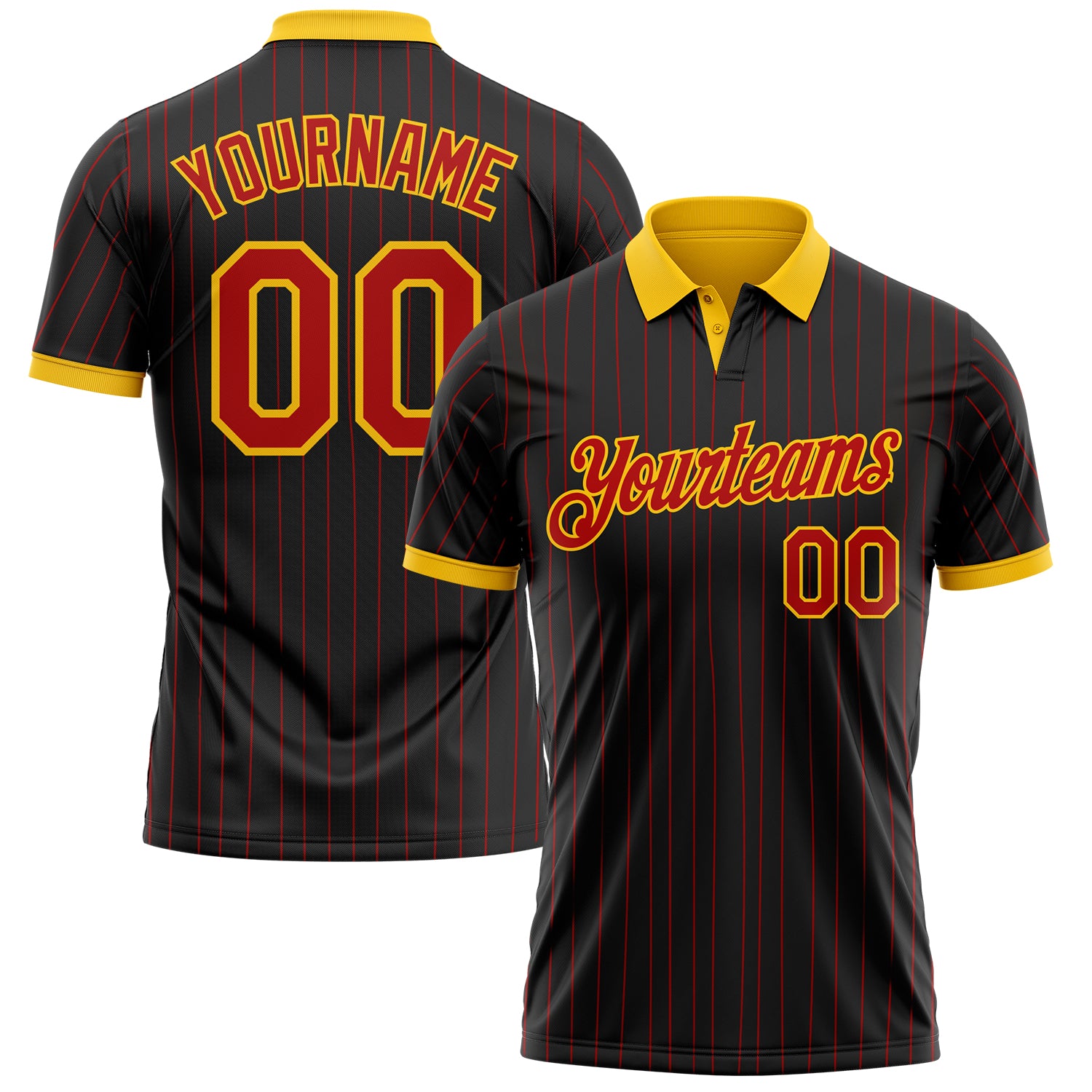 Custom Black Red Pinstripe-Yellow Performance Polo Shirt