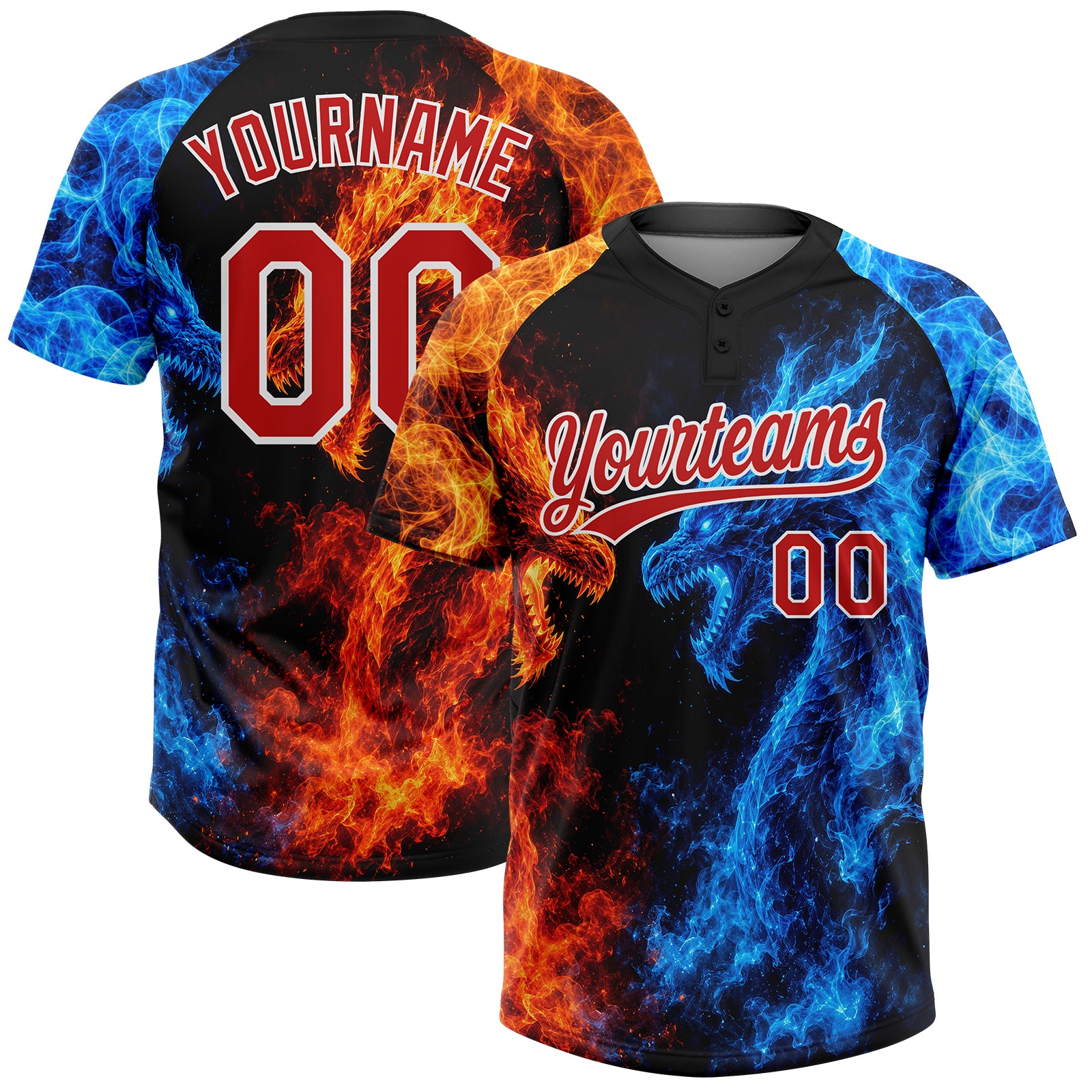 Custom Black Red Royal-White Ice And Fire Dragons 3D Pattern Two-Button Unisex Softball Jersey