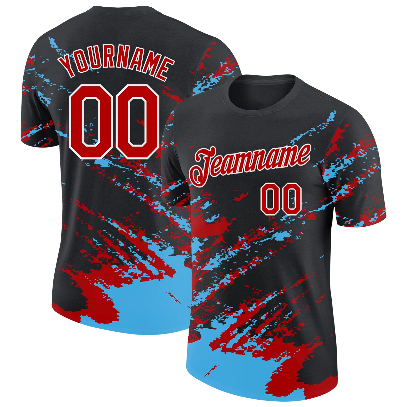 Custom Black Red Sky Blue-White Brush Stroke Shatter Splatter Performance T-Shirt