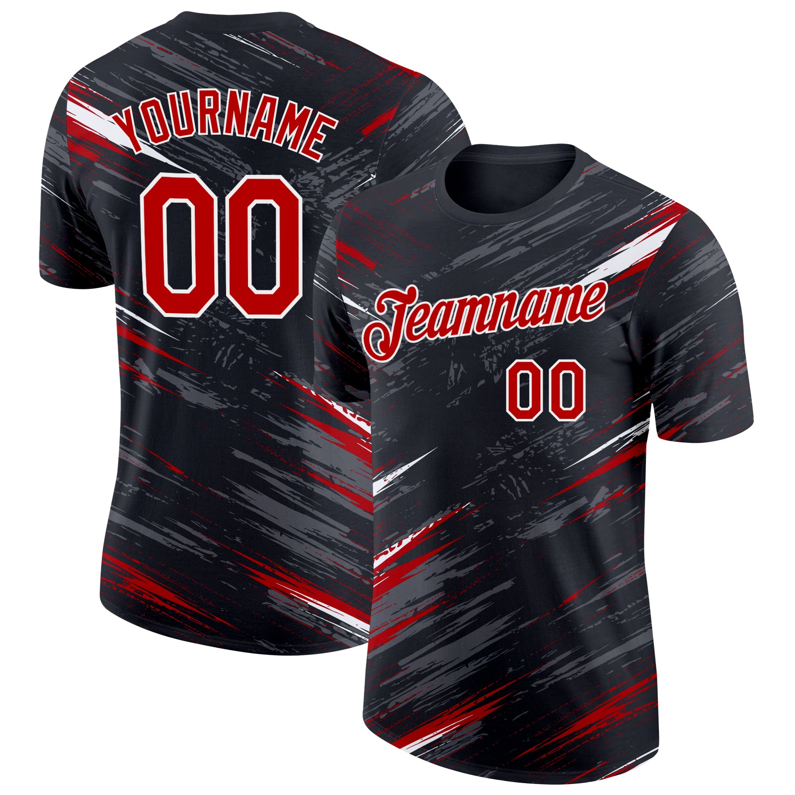 Custom Black Red Steel Gray-White Abstract Brush Stroke Splatter Performance T-Shirt