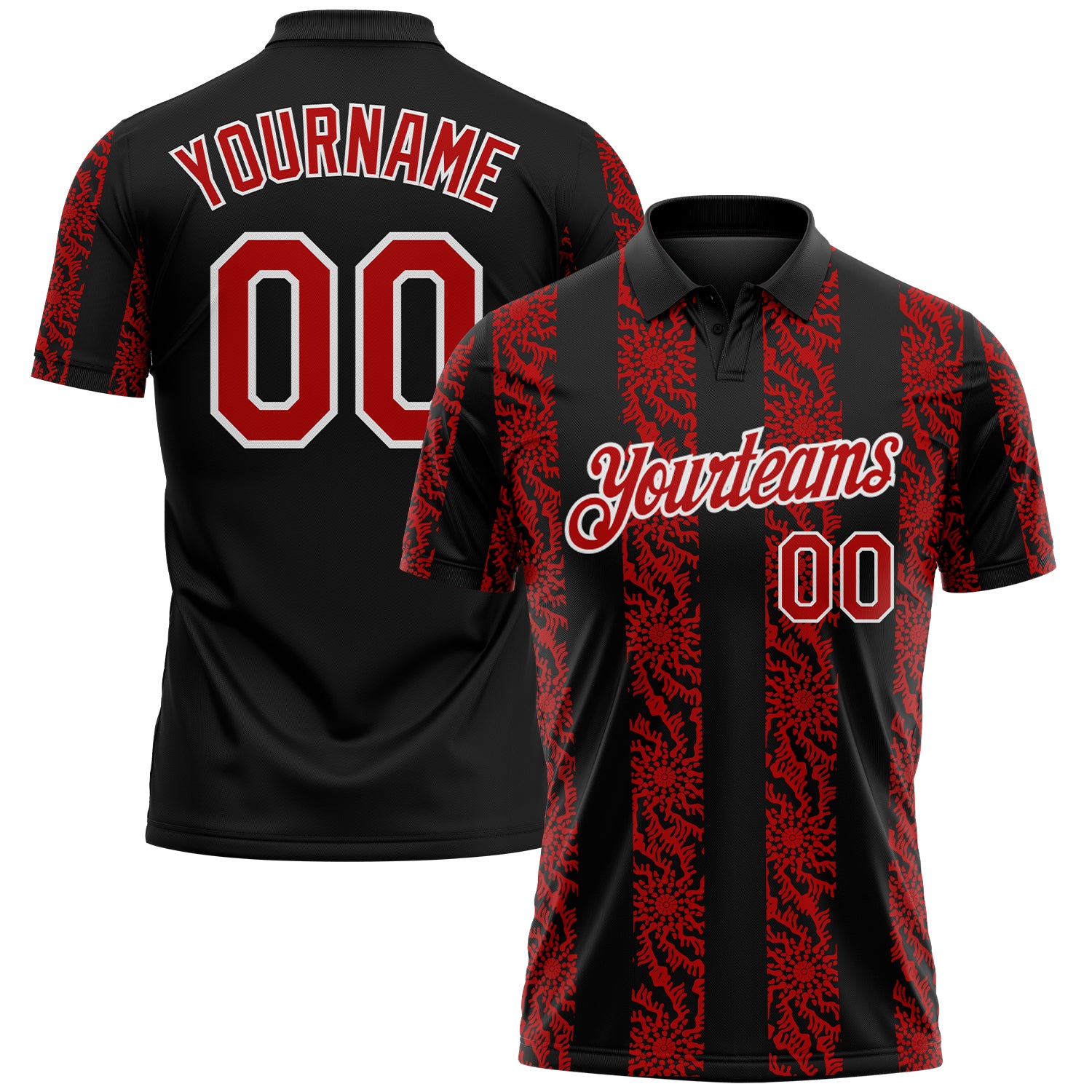Custom Black Red-White 3D Pattern Abstract Floral Stripe Tribal Performance Polo Shirt