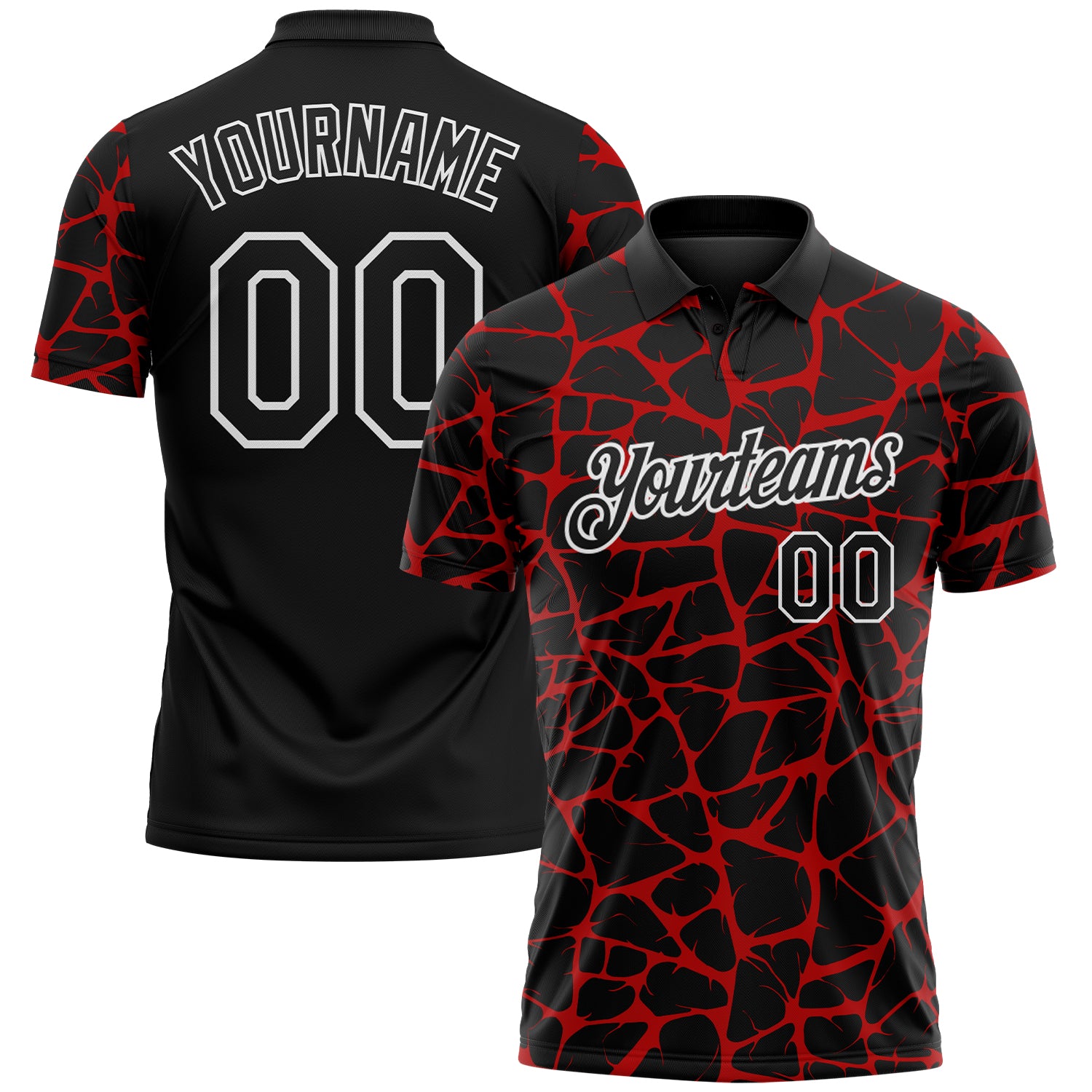 Custom Black Red-White 3D Pattern Abstract Network Crackle Performance Polo Shirt