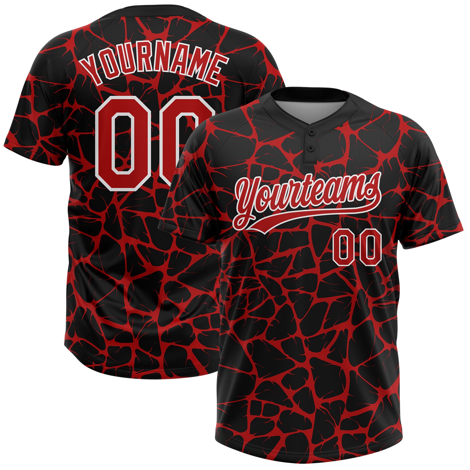 Custom Black Red-White 3D Pattern Design Abstract Network Crackle Two-Button Unisex Softball Jersey