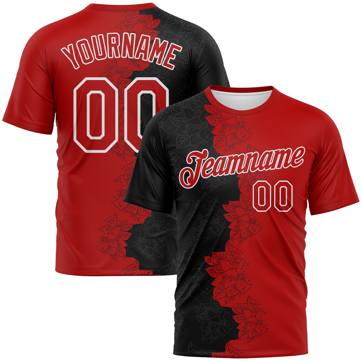 Custom Black Red-White 3D Pattern Flower Sketch Split Fashion Performance T-Shirt