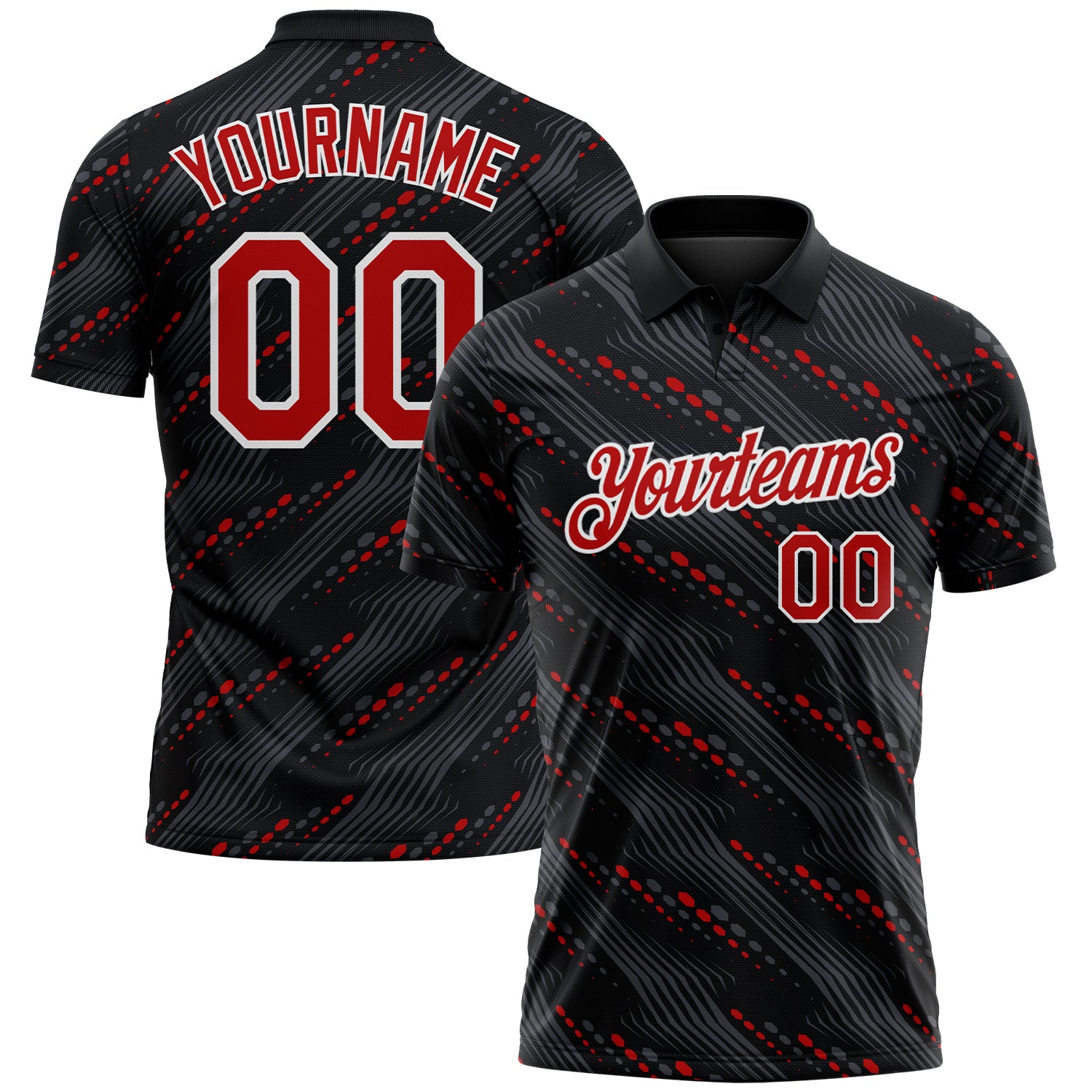 Custom Black Red-White 3D Pattern Slant Lines Cyber Mecha Tech Performance Polo Shirt