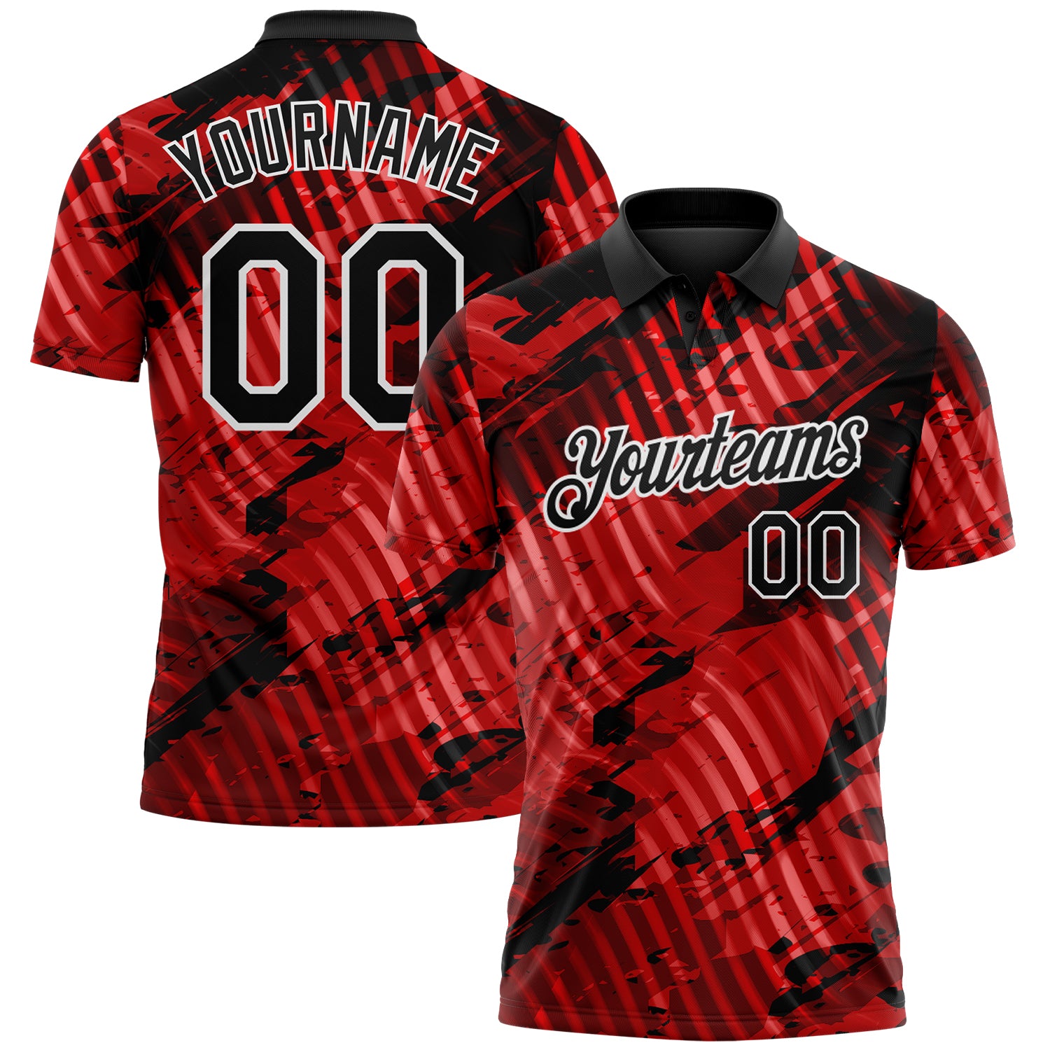 Custom Black Red-White Abstract Grunge Splatter Diagonal Stripe Performance Polo Shirt