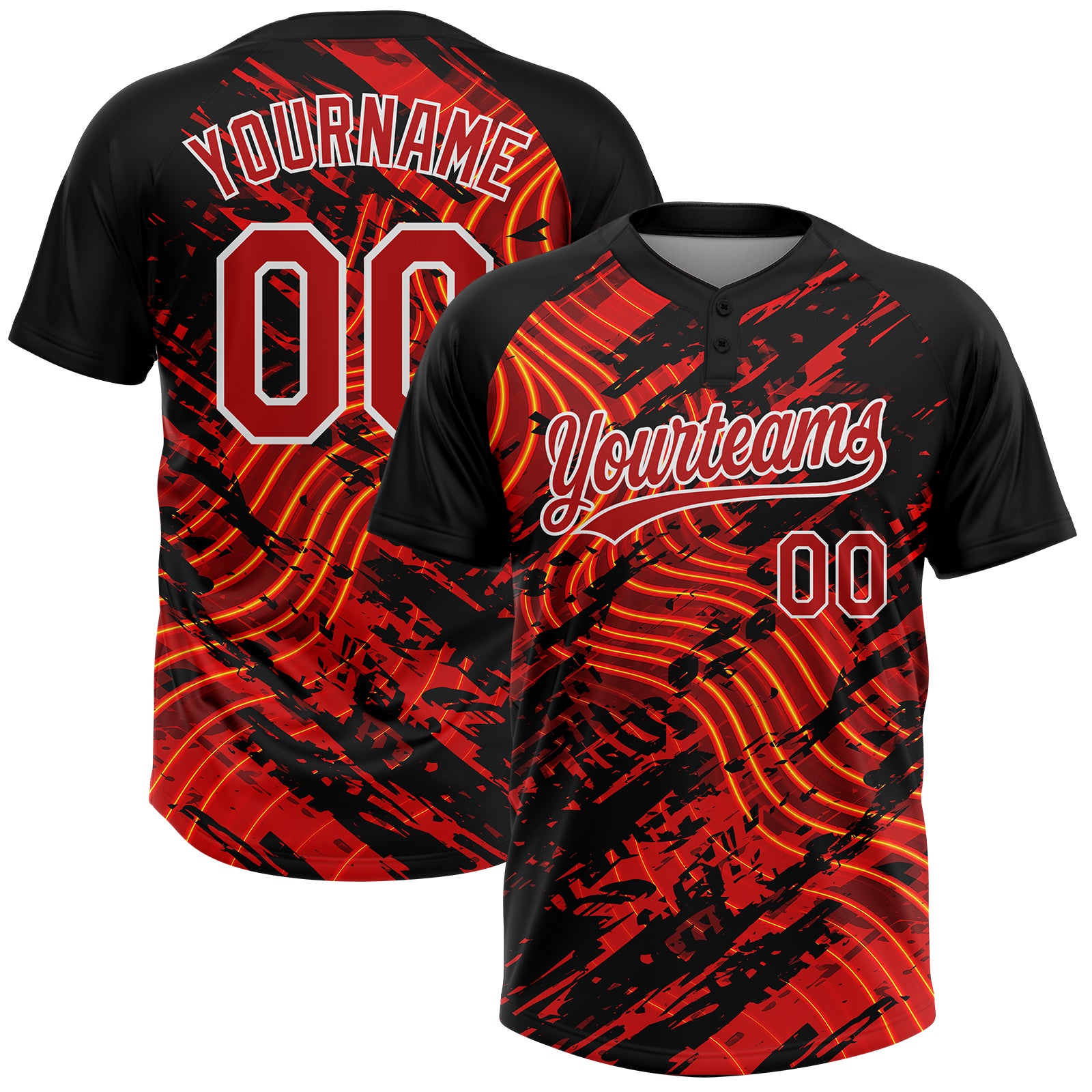 Custom Black Red-White Abstract Grunge Splatter Wave 3D Pattern Two-Button Unisex Softball Jersey