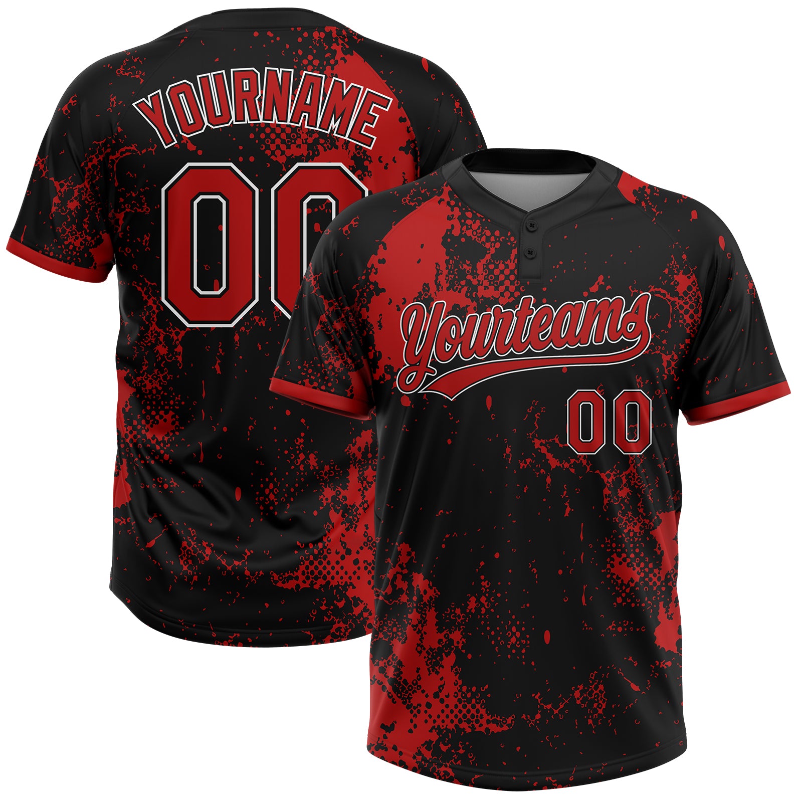 Custom Black Red-White Abstract Splatter 3D Pattern Two-Button Unisex Softball Jersey