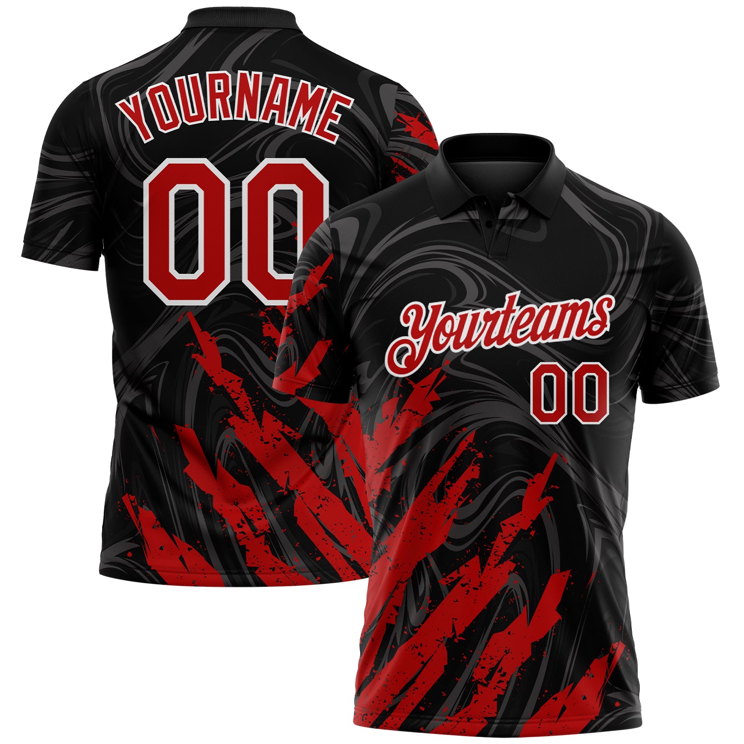 Custom Black Red-White Brush Stroke Splatter Liquid Swirl Performance Polo Shirt