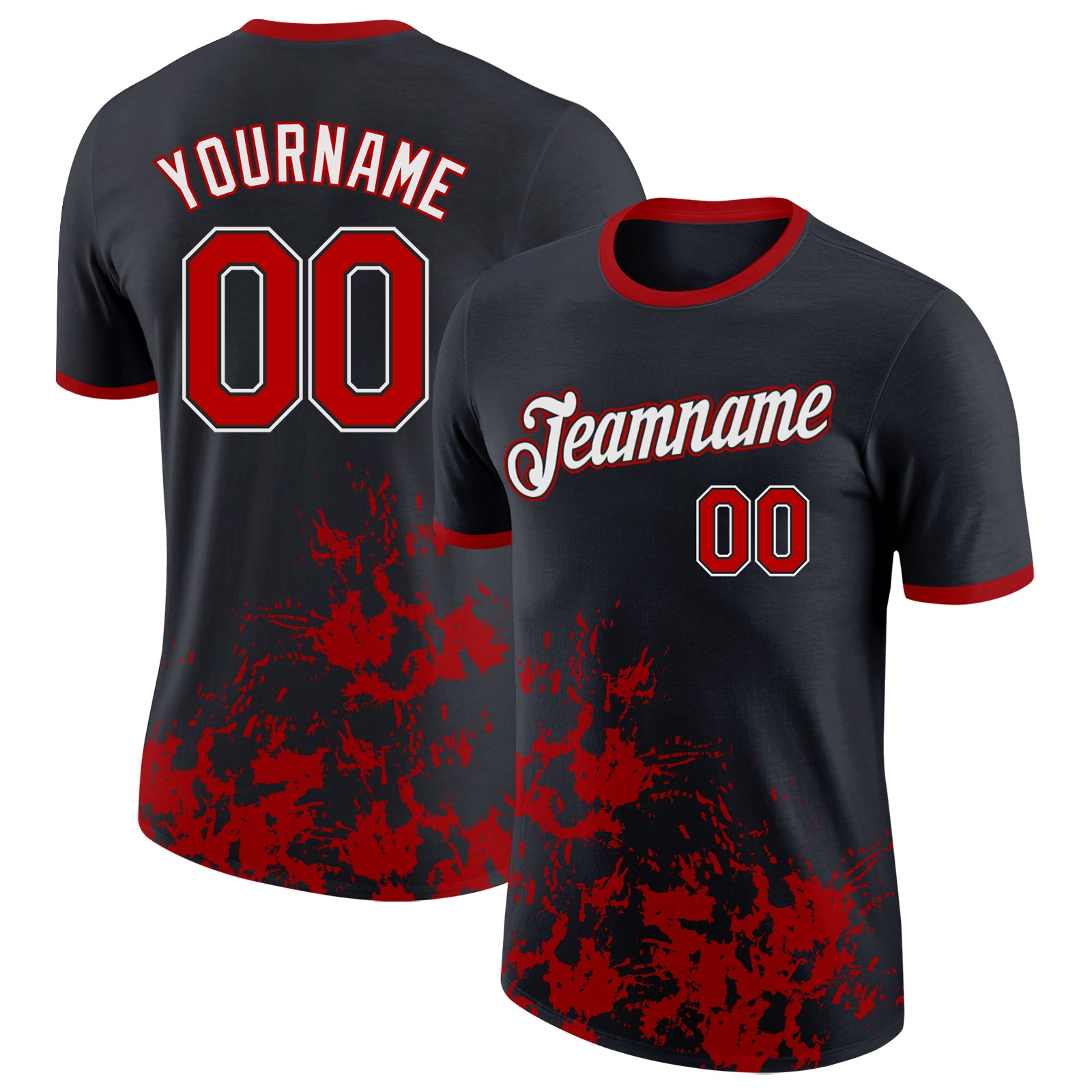 Custom Black Red-White Brush Stroke Splatter Performance T-Shirt