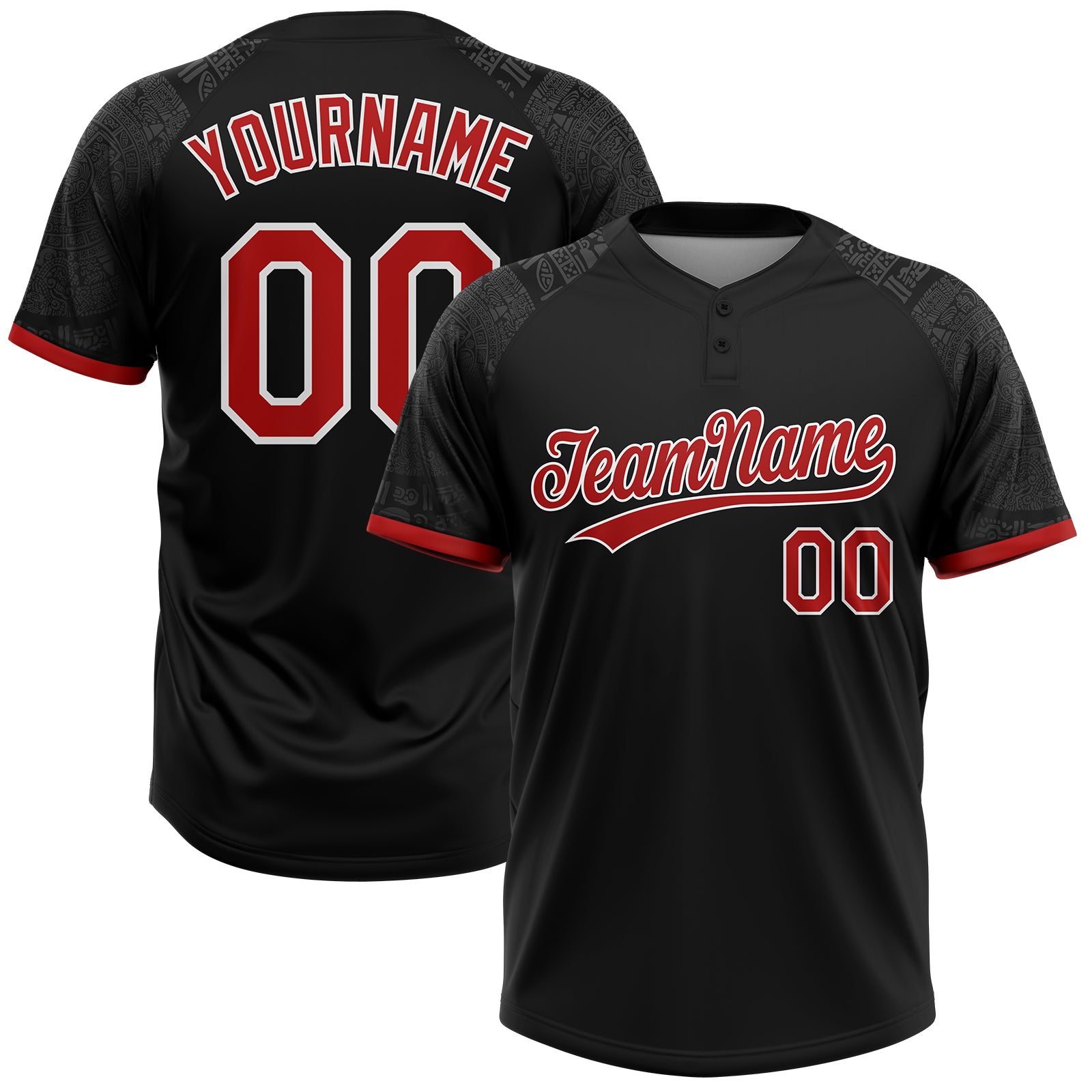 Custom Black Red-White Ethnic Aztec Mexican Heritage Two-Button Unisex Softball Jersey