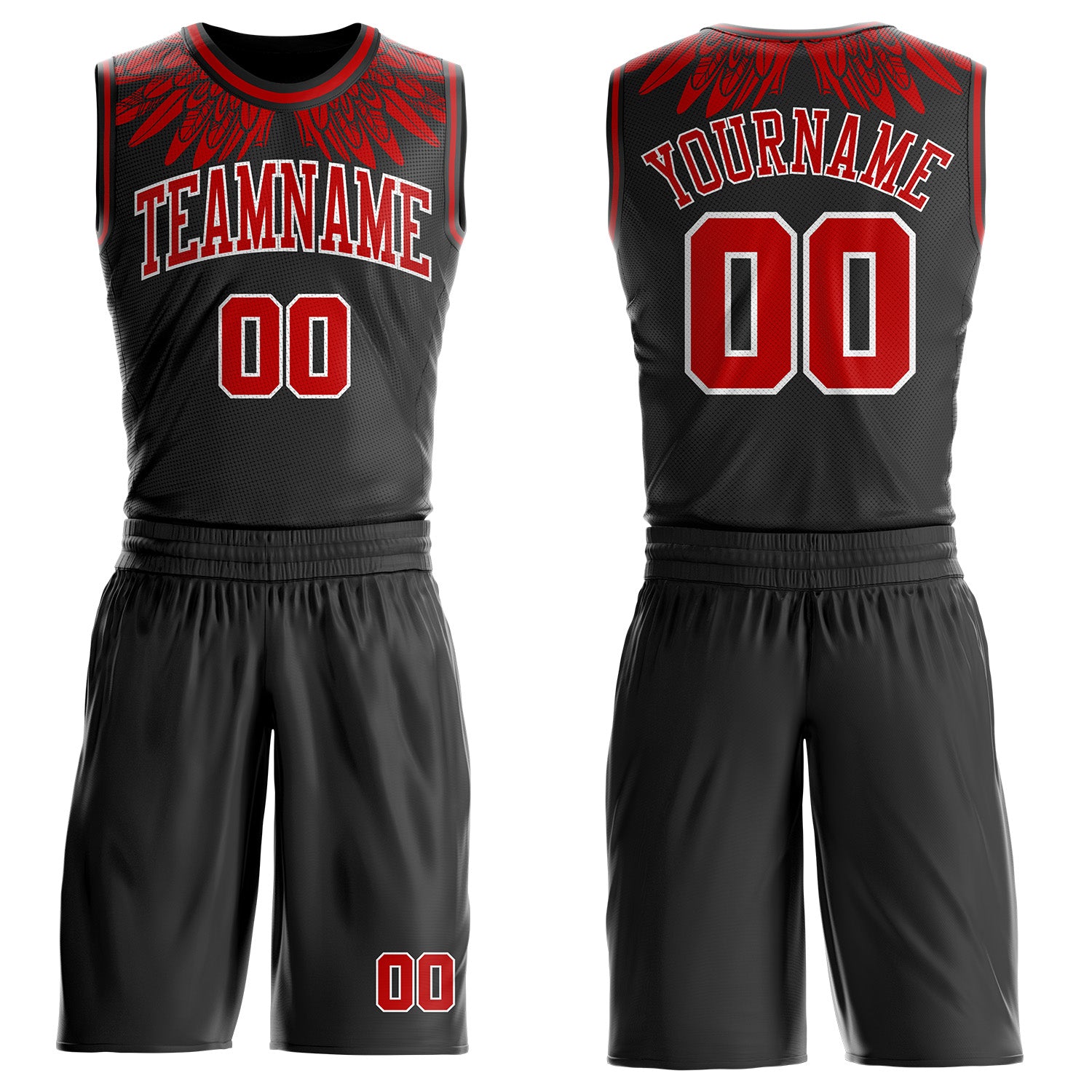 Custom Black Red-White Feather Wing Boho Style Round Neck Sublimation Basketball Uniform Jersey
