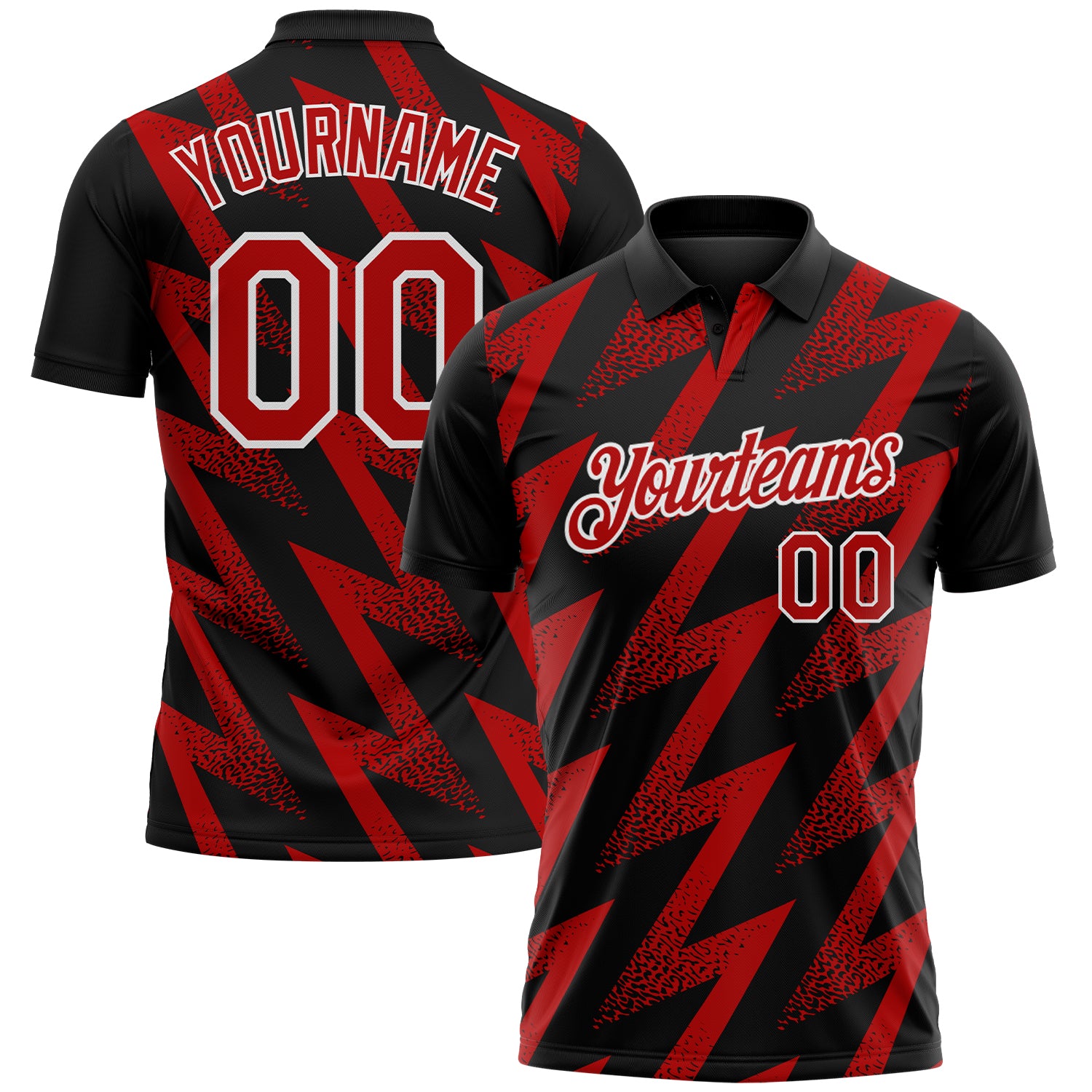 Custom Black Red-White Geometric Zigzag Shape Lightning Performance Polo Shirt