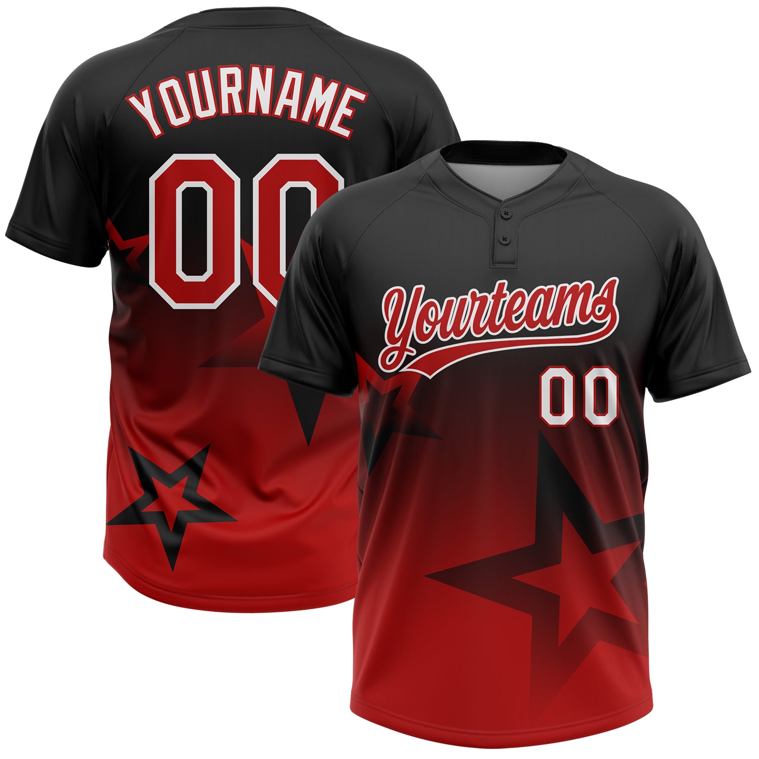 Custom Black Red-White Gradient Style Twinkle Star Two-Button Unisex Softball Jersey