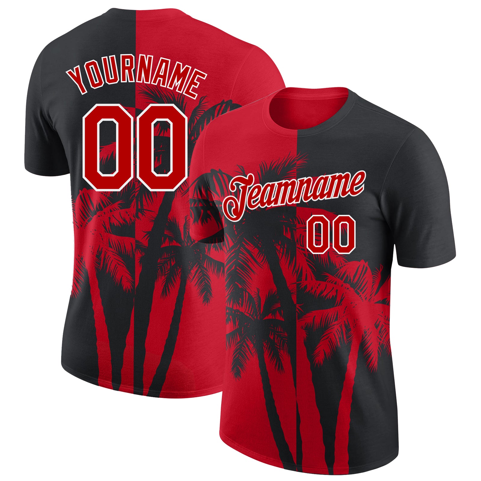 Custom Black Red-White Hawaii Tropical Coastal Palm Trees Performance T-Shirt