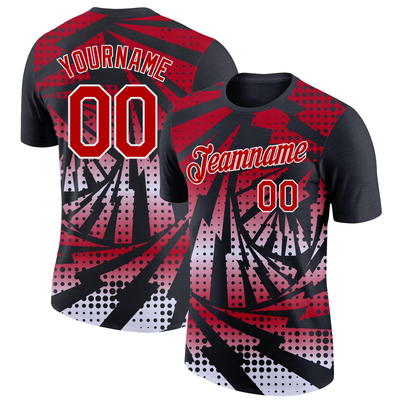 Custom Black Red-White Lightning Gradient Dot Performance T-Shirt