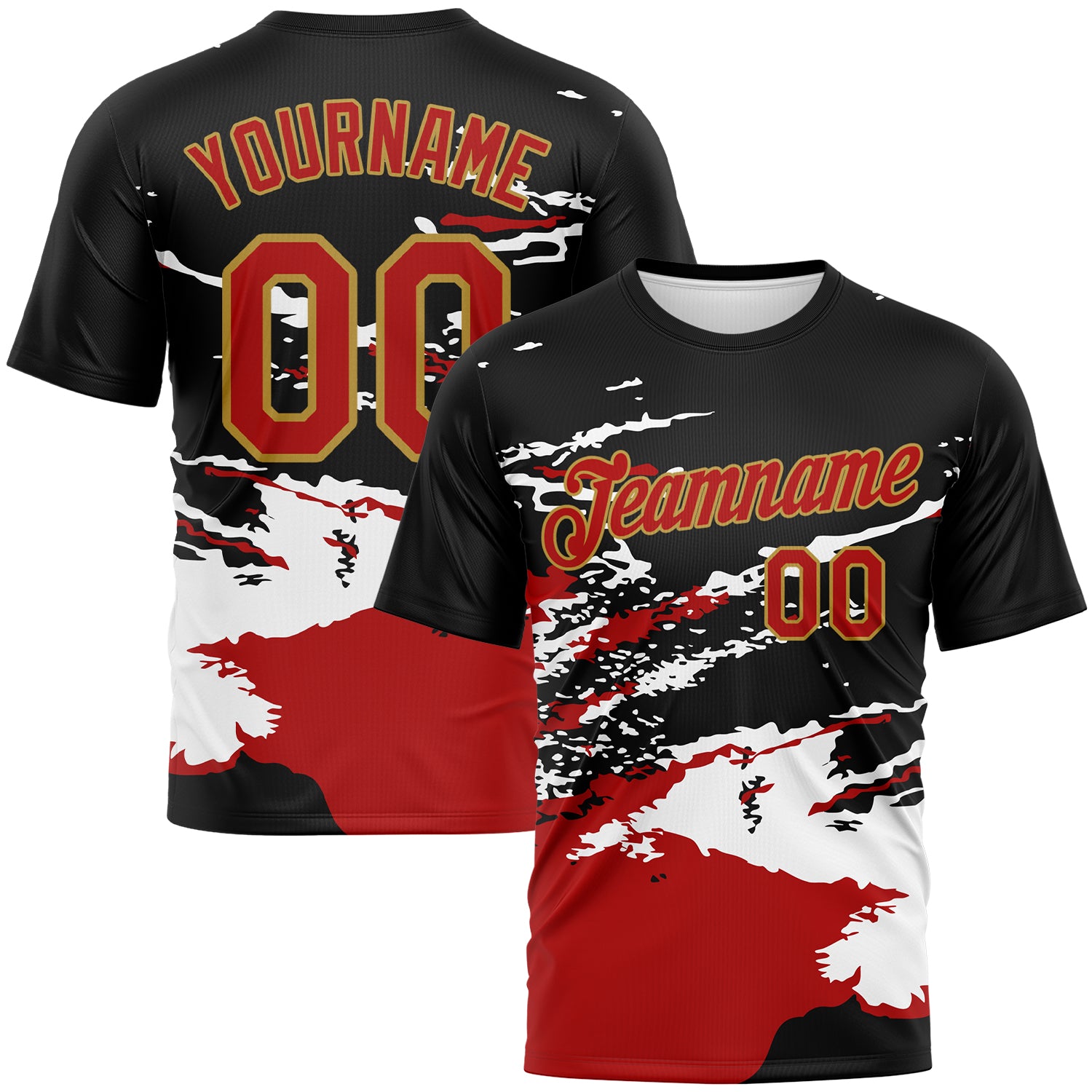 Custom Black Red White-Old Gold 3D Pattern Splash Performance T-Shirt