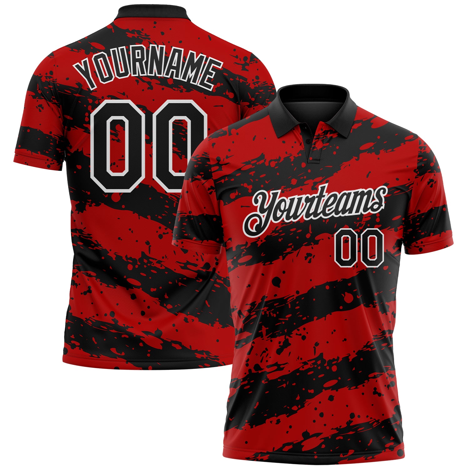 Custom Black Red-White Paint Splash Stripe Performance Polo Shirt