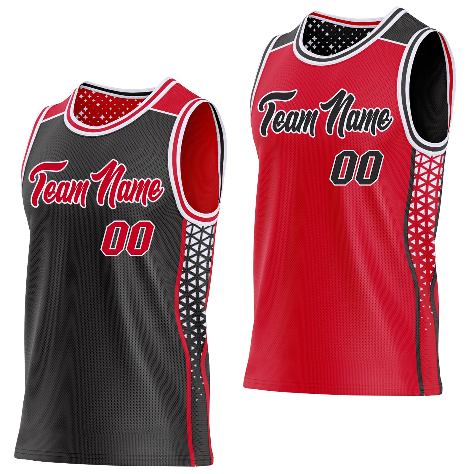 Custom Black Red-White Side Panel Stripe Geometric Triangle Gradient Dot Reversible Double Side Sublimation Basketball Set Jersey