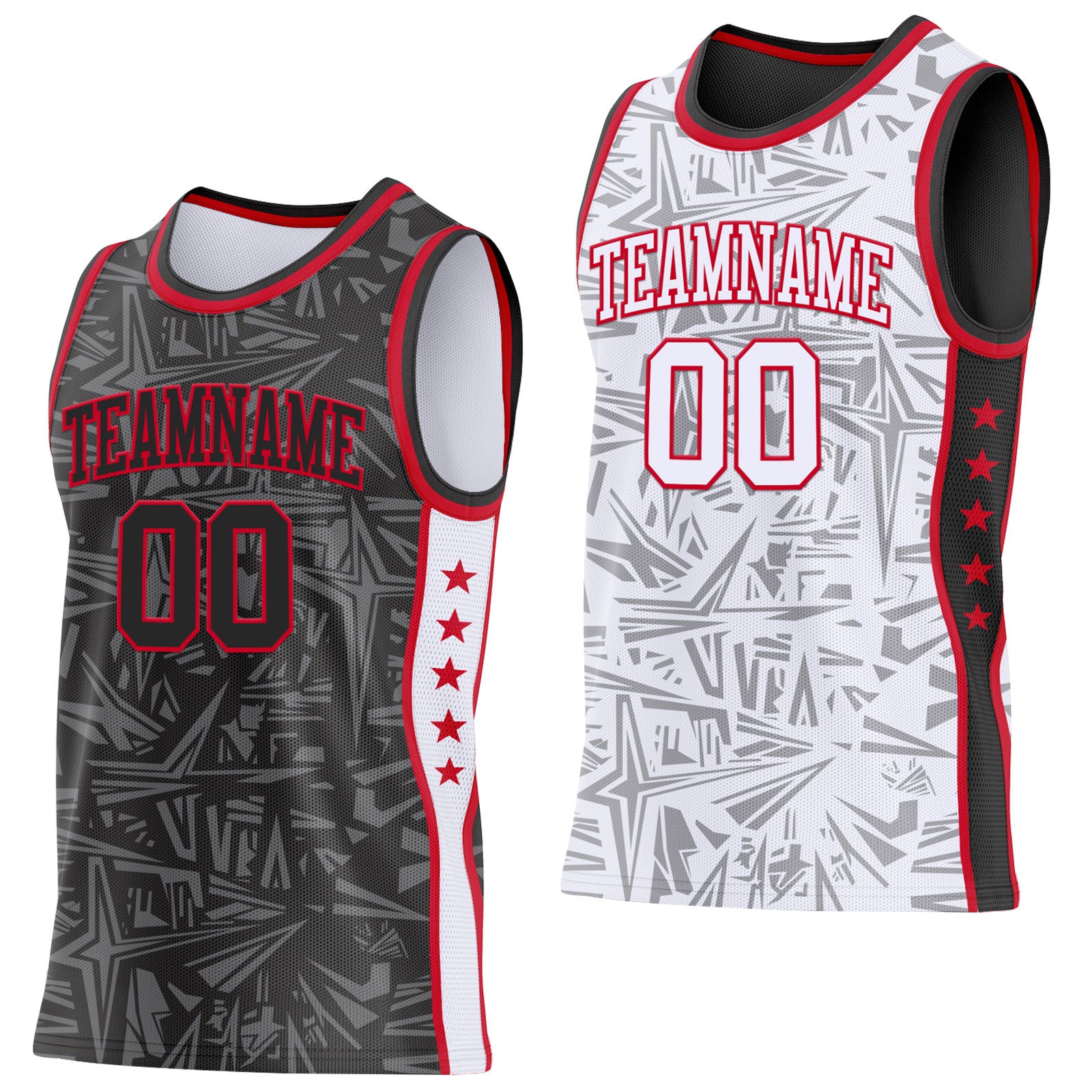 Custom Black Red-White Side Panel Stripe Stars Geometric Shatter Starburst Reversible Double Side Sublimation Basketball Set Jersey