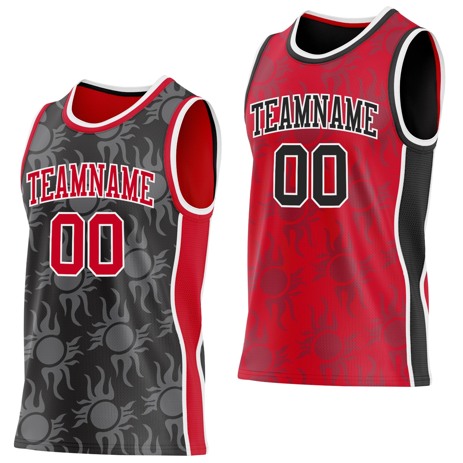 Custom Black Red-White Side Panel Stripe Sun Flame Reversible Double Side Sublimation Basketball Set Jersey